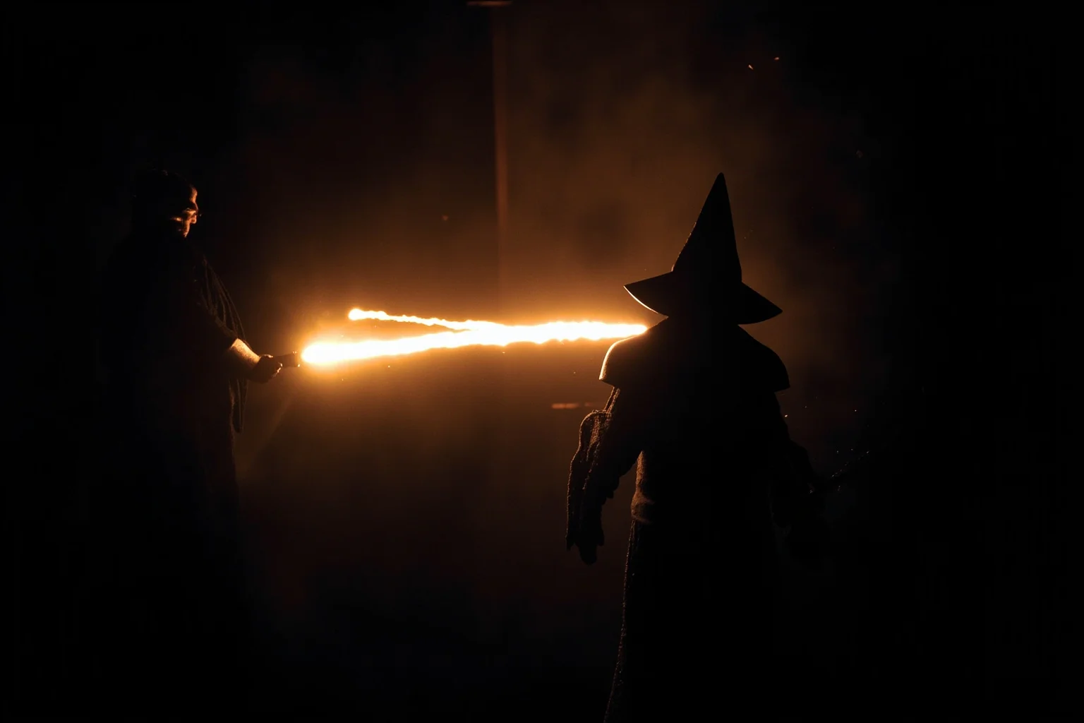 26 of History's Most Famous Rivalries 23 Glowing wand light beams clashing between two silhouetted wizard figures in a dark hall
