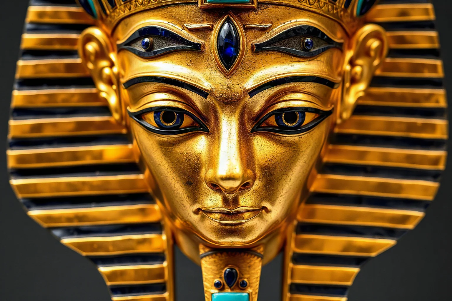 Golden Egyptian funerary mask inlaid with blue and turquoise stone patterns