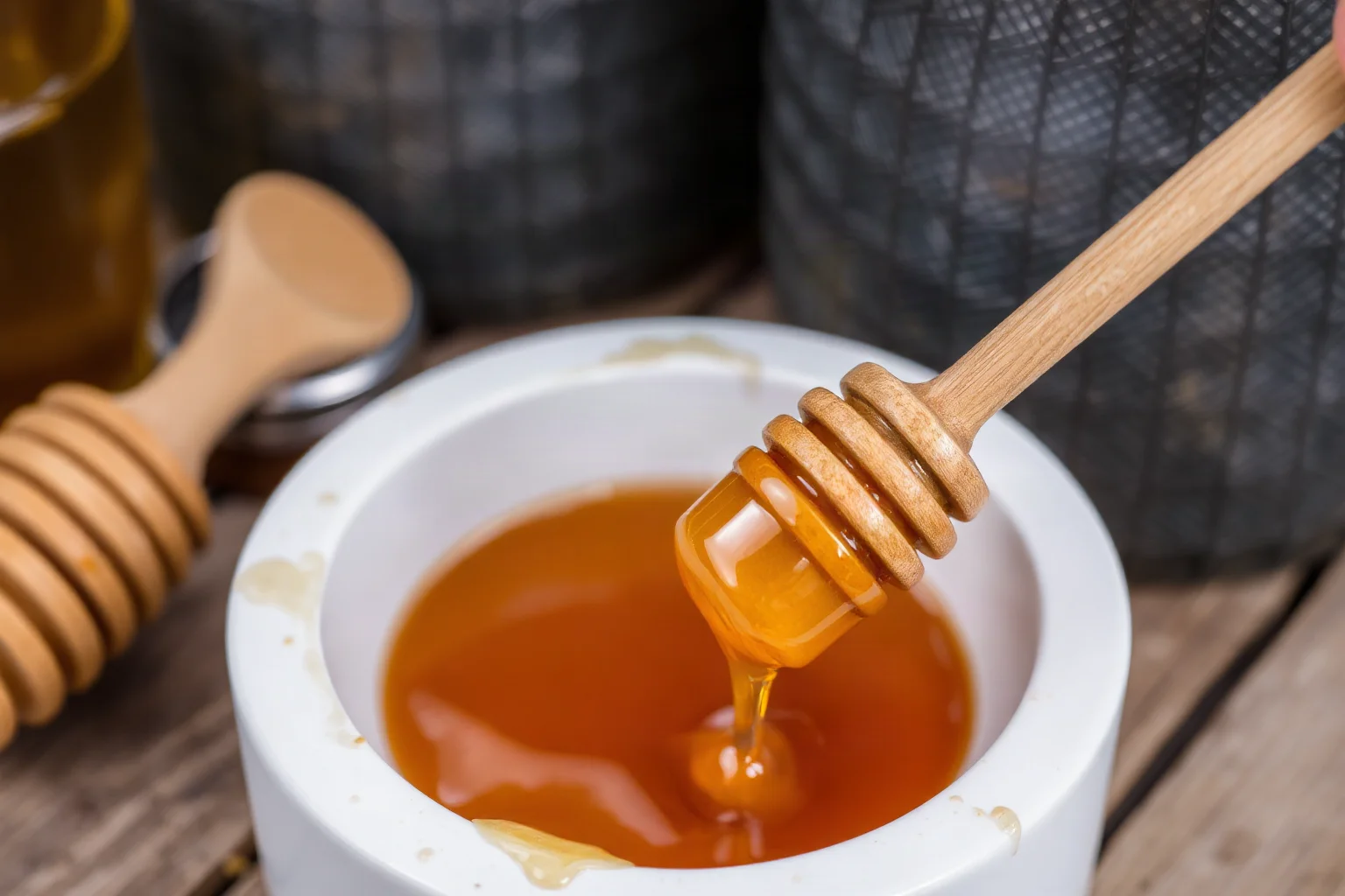 Golden honey dripping from a wooden dipper with honeycomb and beekeeping equipment nearby