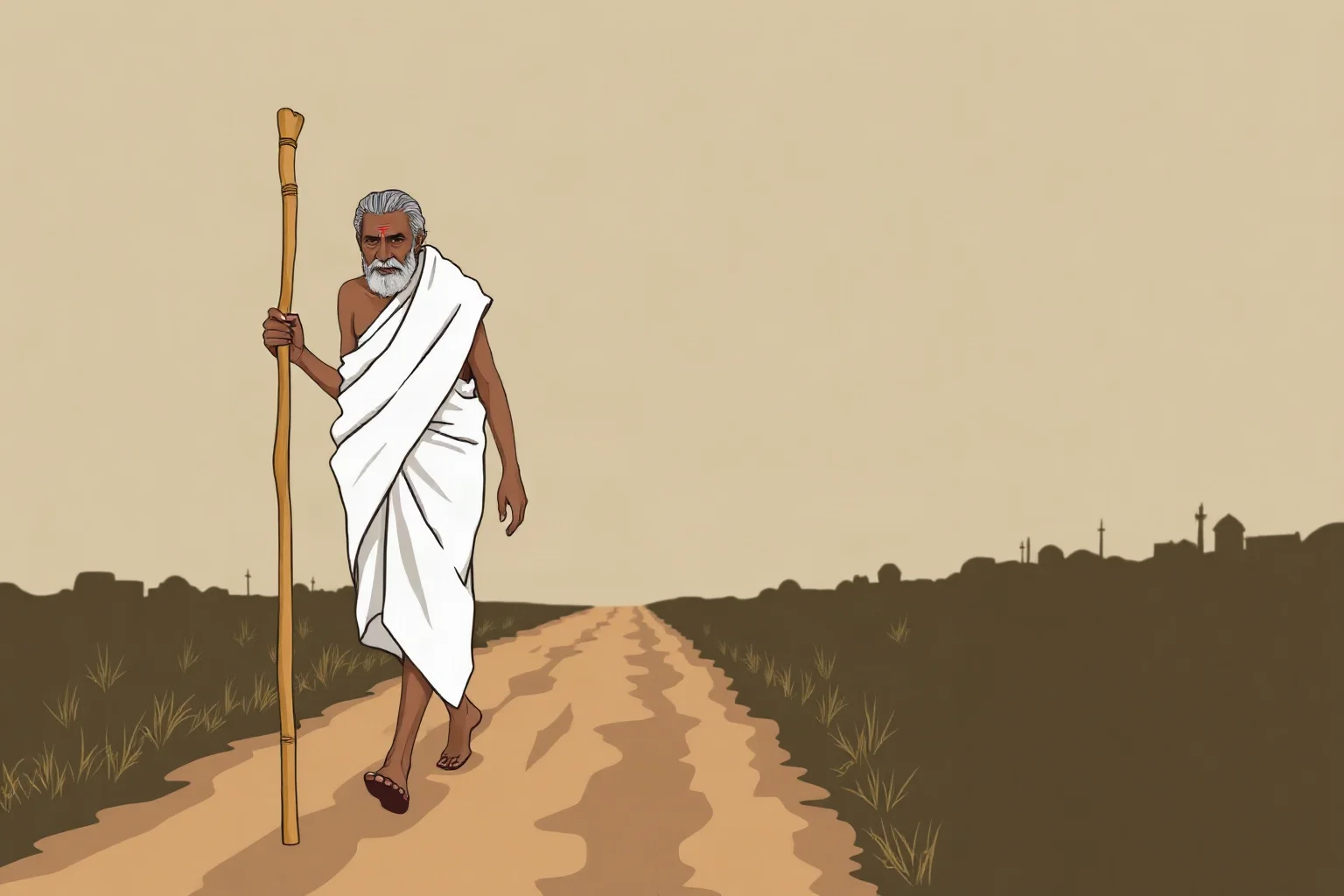 A stylized illustration of a barefoot Indian independence leader in simple white cloth, walking calmly with a wooden staff along a dusty road