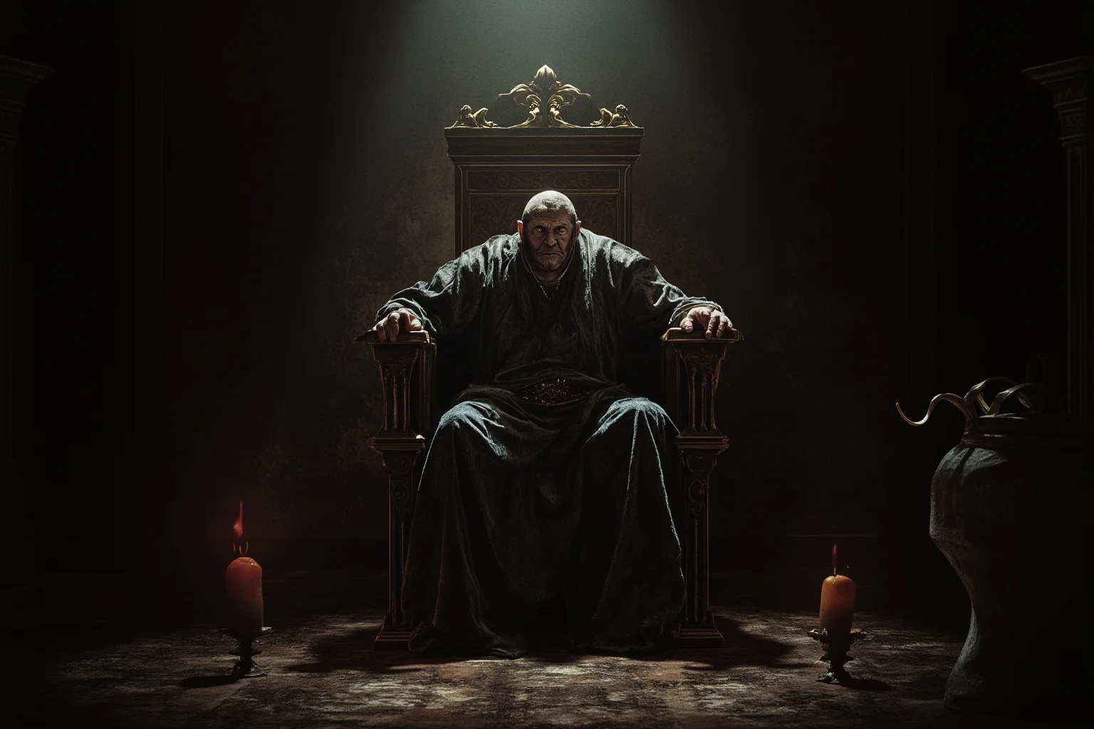 Historical Villains Who Were Actually Heroes 7 Gothic illustration of a hunchbacked medieval king in a shadowy throne room, dramatic Shakespearean theater lighting
