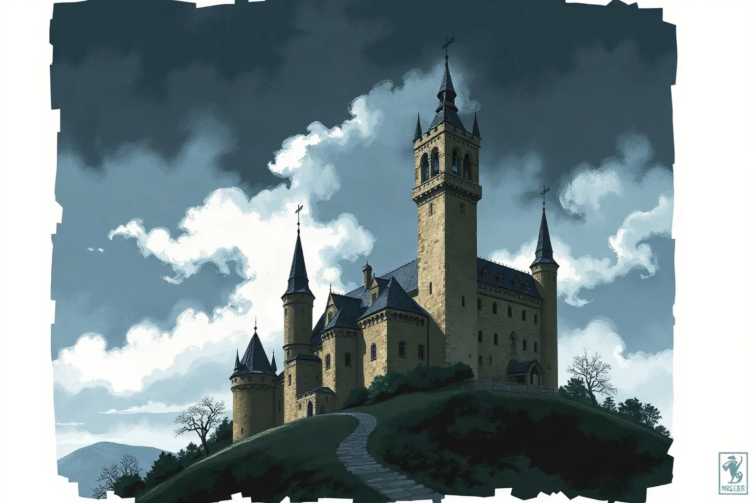 Gothic-style illustration of a dark medieval Eastern European castle on a hill under a stormy sky