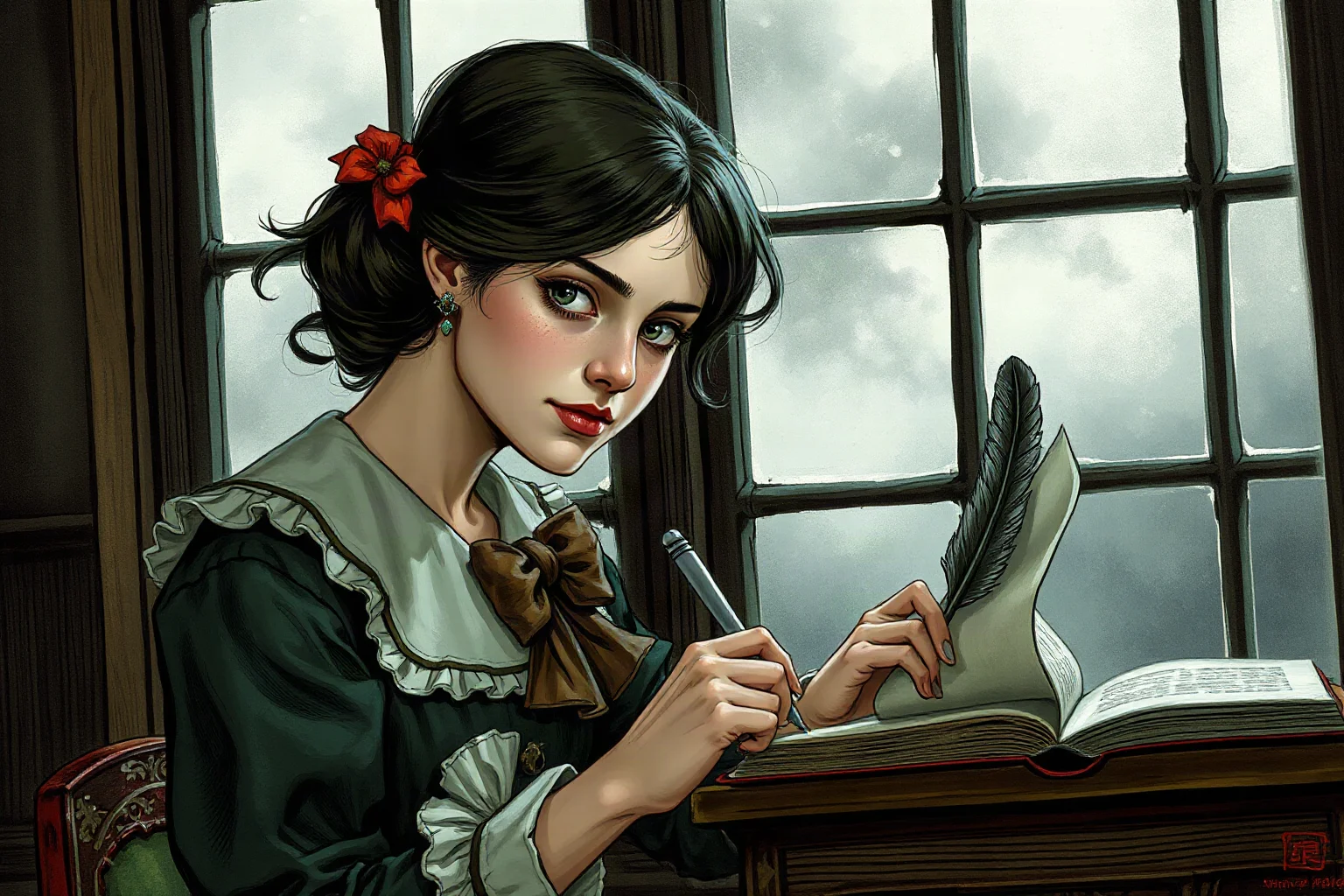 Gothic-style illustration of a young 19th-century woman writer with a quill, stormy window behind her
