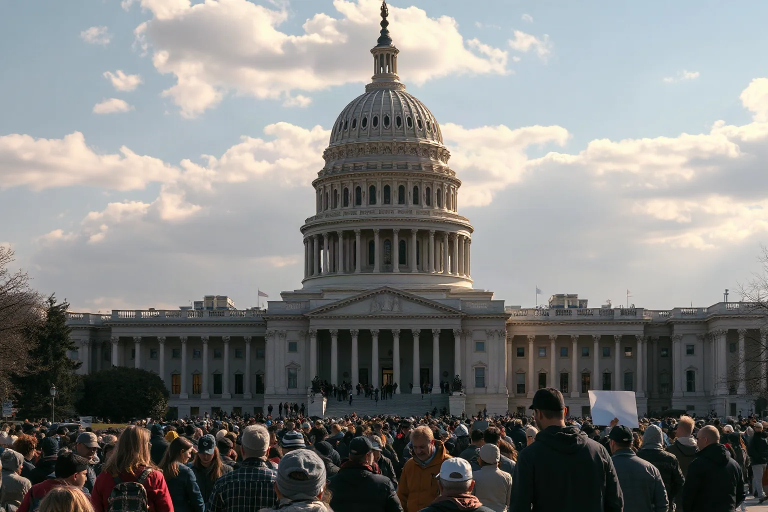 Government building dome with a large crowd gathered outside under daylight, illustrative editorial style