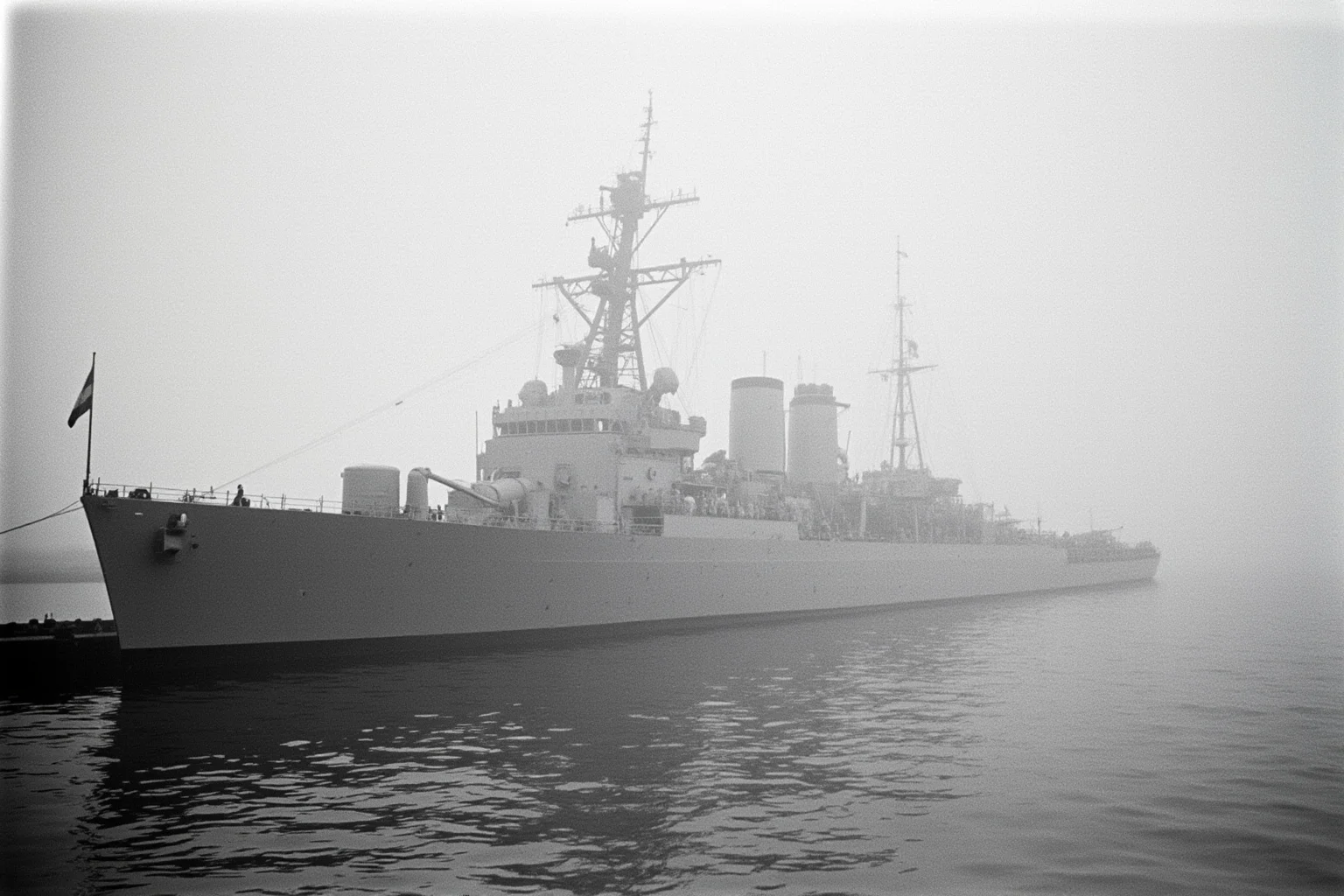 Proof of Time Travel? 20 Famous Photos, Notes, and Stories Fact-Checked 11 Grainy black-and-white photo of a large gray naval destroyer ship docked in a foggy harbor