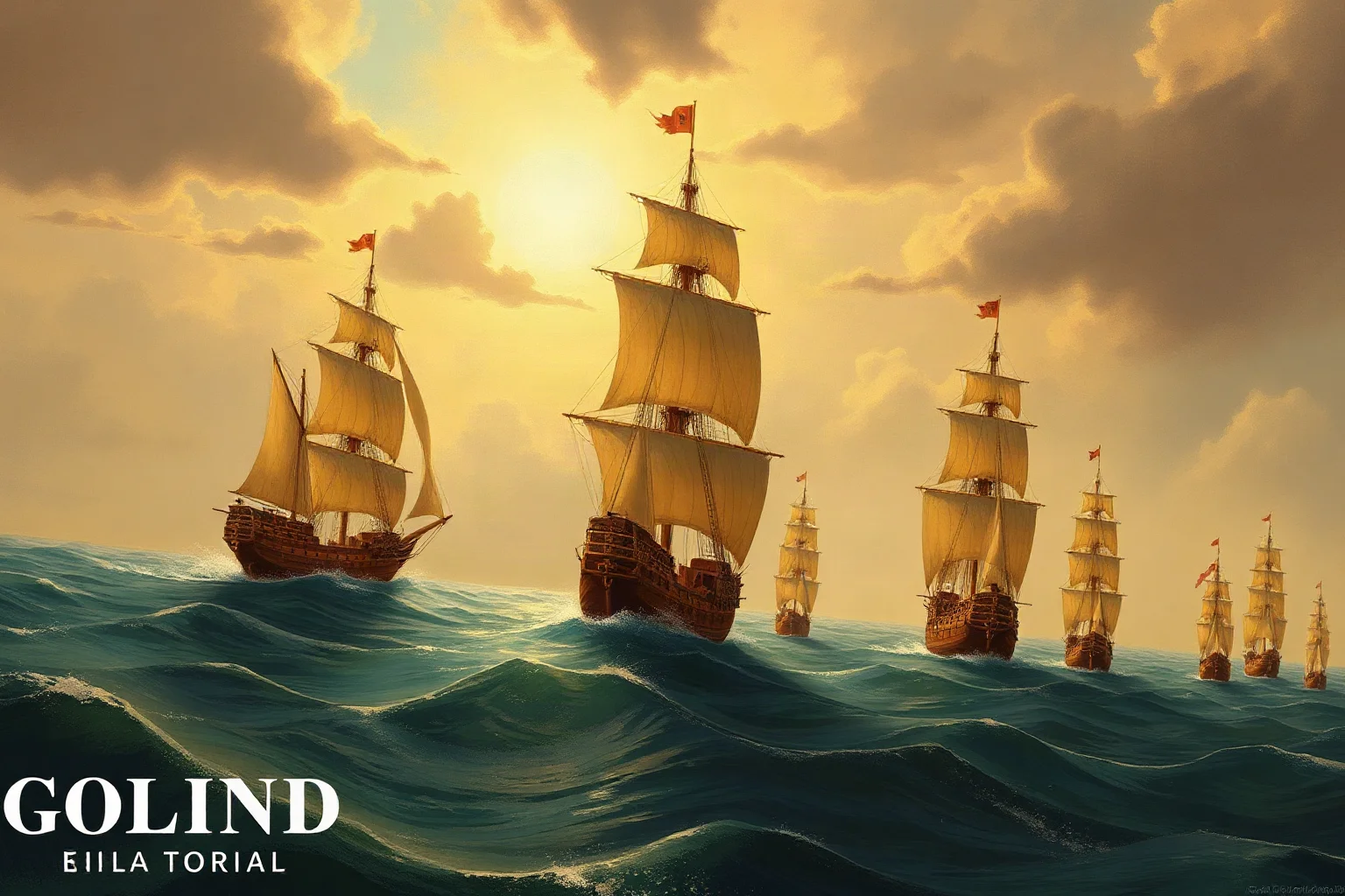 Grand 15th-century Chinese treasure ship fleet sailing across the Indian Ocean, illustrated historical style