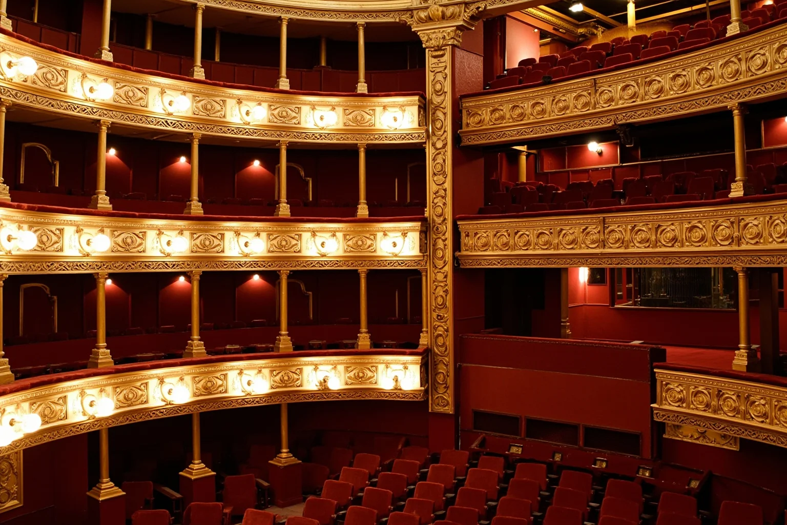 Grand 18th century Italian opera house interior with red velvet seats and gilded balconies, Teatro di San Carlo style