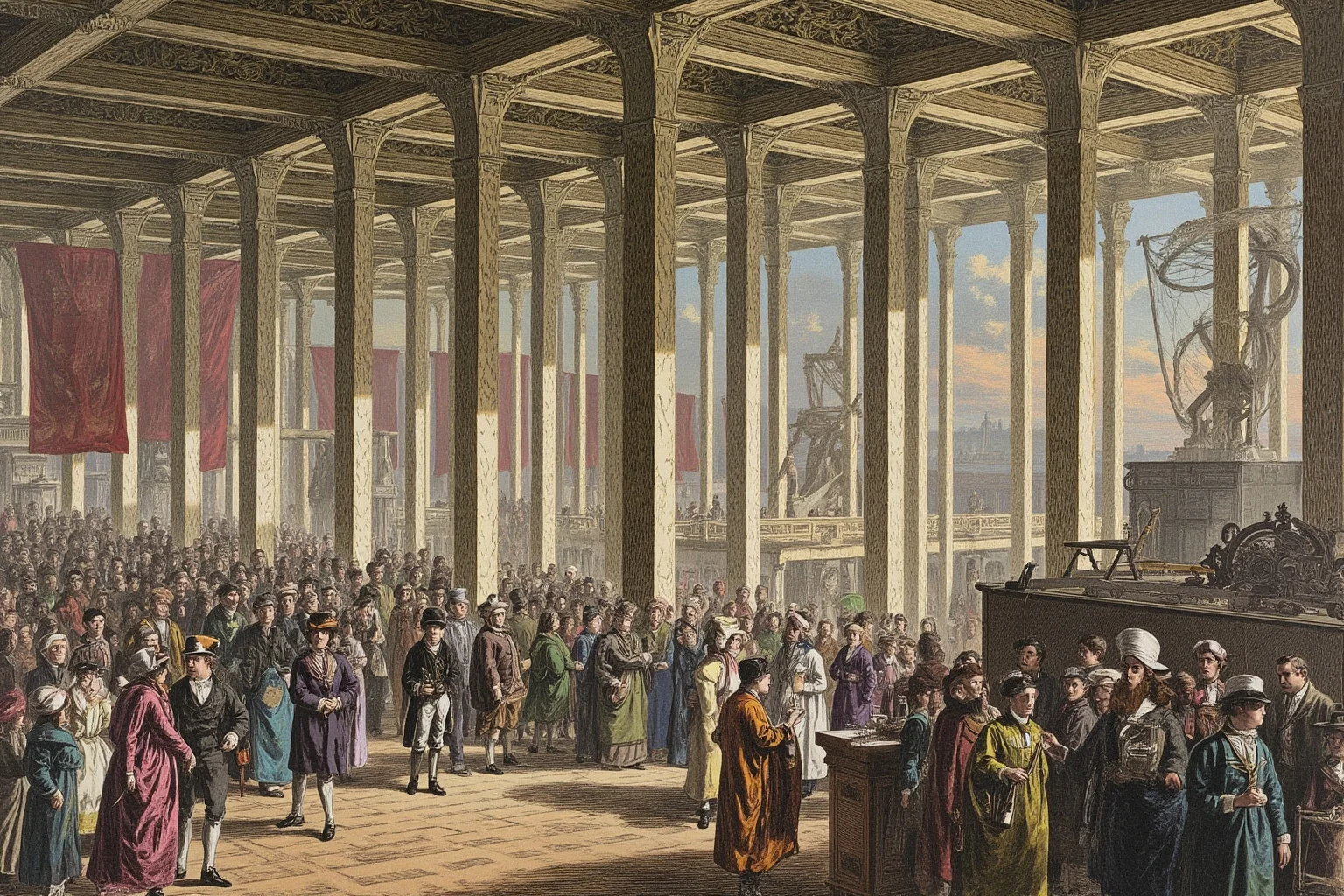 Grand 19th-century exhibition hall filled with crowds viewing industrial displays, Victorian illustration style