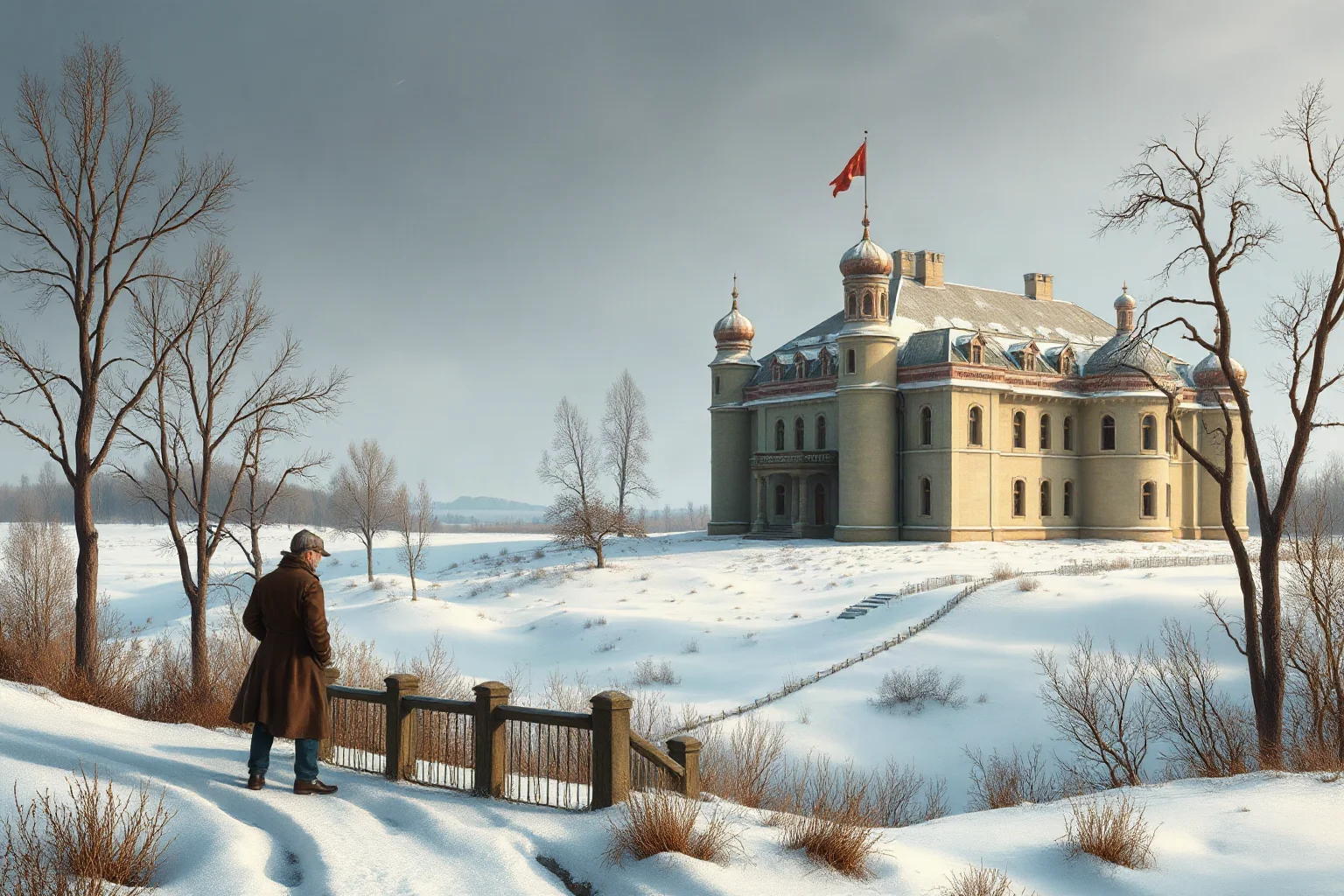 Grand 19th century Russian estate illustration with a writer overlooking snowy fields, evoking sweeping historical fiction
