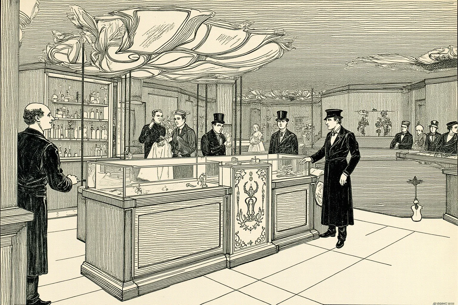 How an All-Female Gang Changed the Face of Crime in 19th Century London 13 Grand Edwardian department store interior with glass counters and fine goods on display, illustration style
