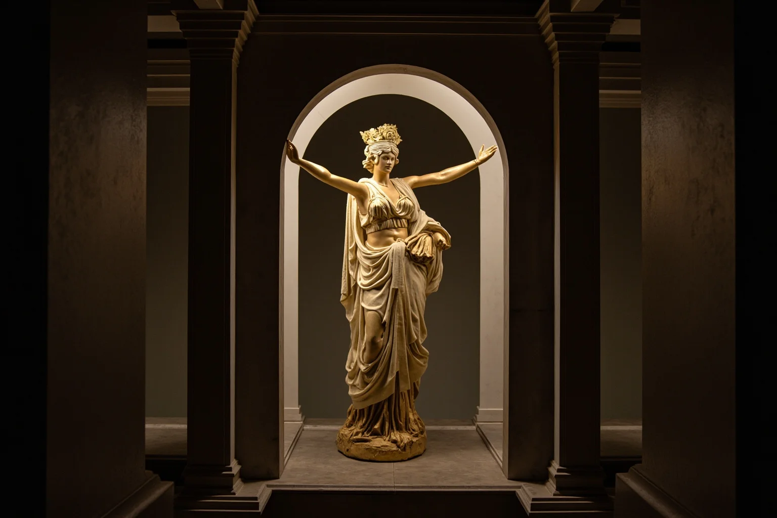 Grand golden and ivory statue of an armed Greek goddess standing inside a dim marble temple interior