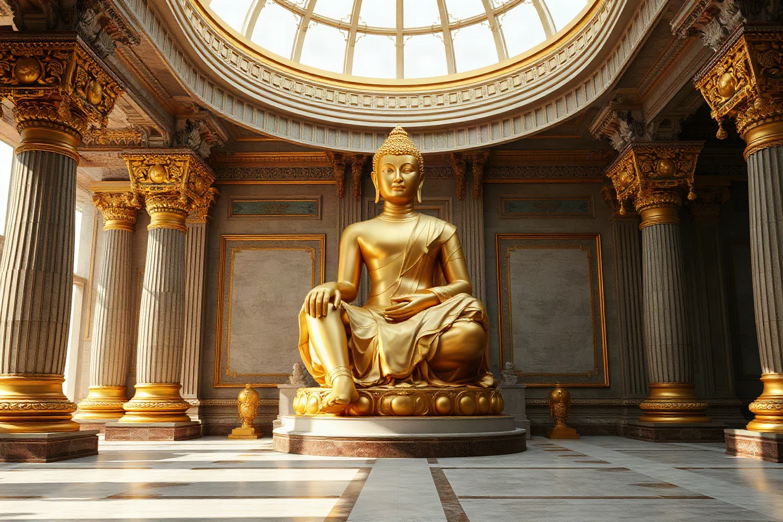 Grand illustration of an enormous seated statue made of gold and ivory inside a classical temple interior