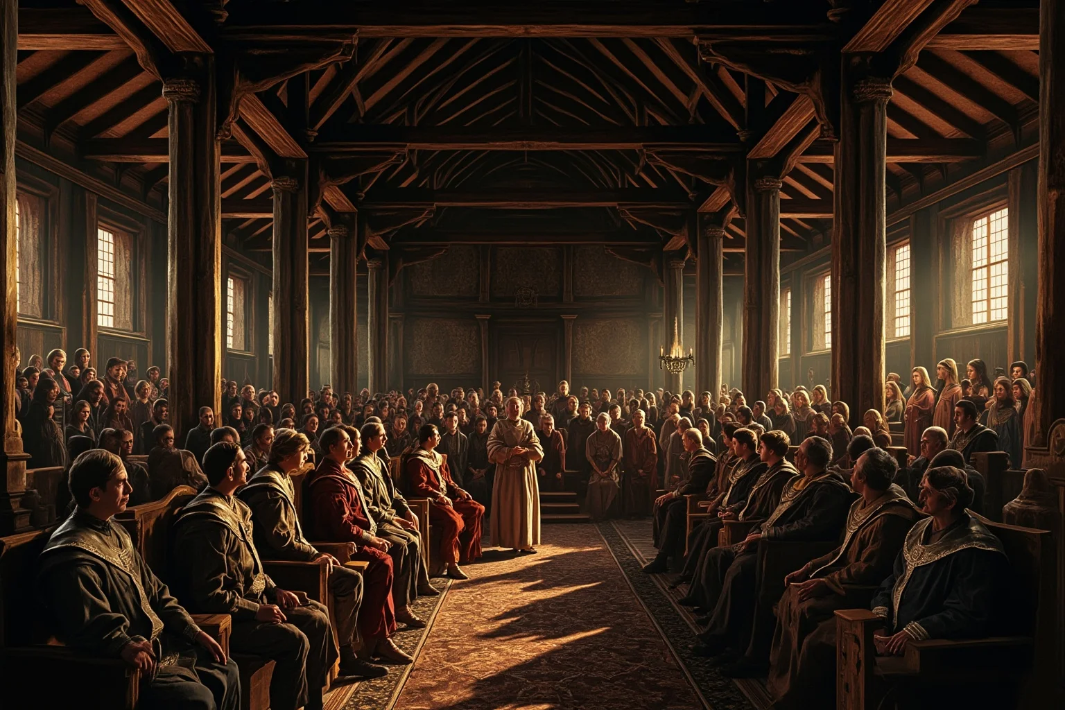 Grand medieval hall with high ceilings and stone pillars, filled with seated nobles in period dress during an assembly
