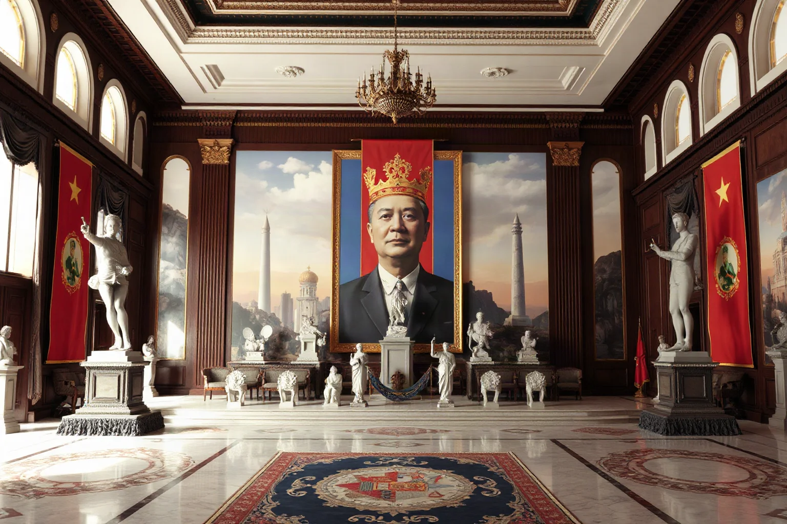 Grand palace interior with massive portrait of an authoritarian leader, propaganda art and sculptures everywhere celebrating the ruler