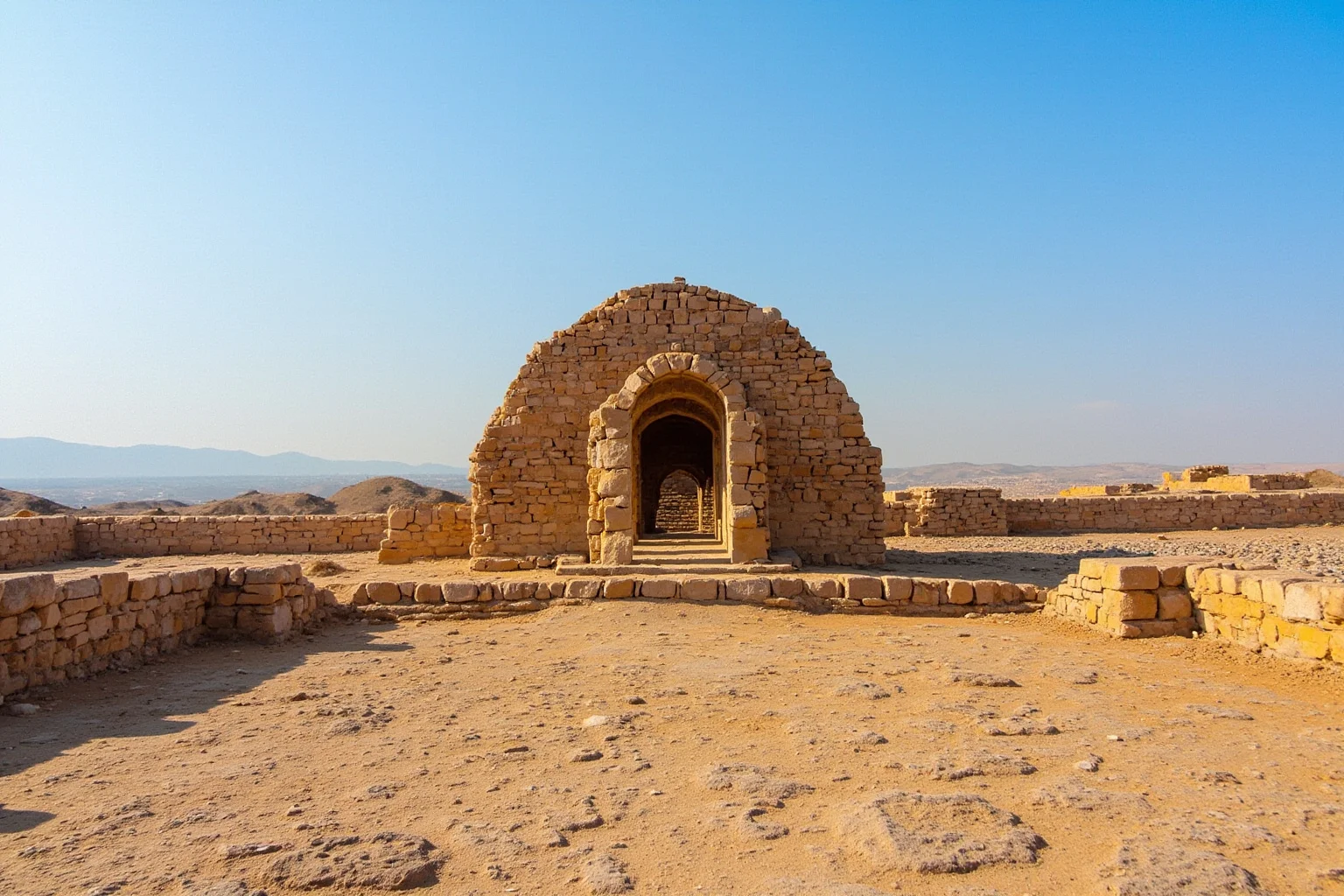 Grand stone Seljuk-era caravanserai with a large arched portal and domed hall in a semi-arid Anatolian landscape