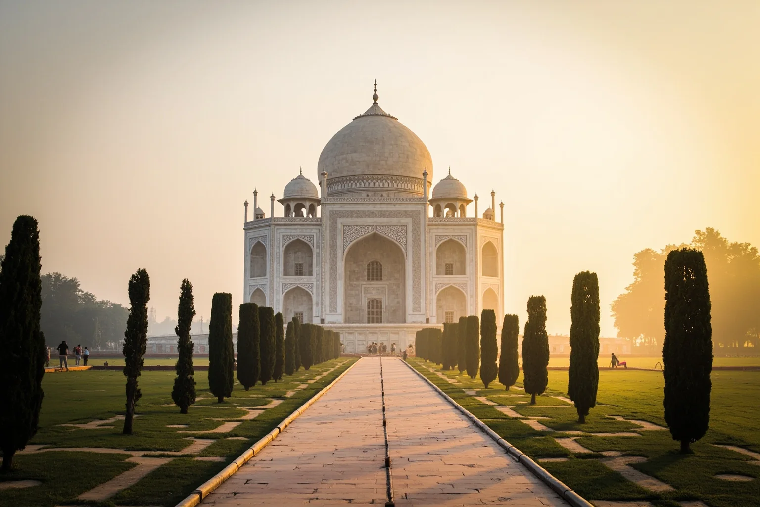 The 22 Greatest Love Stories in History 3 Grand white marble mausoleum with onion dome and reflecting pool, painted in soft golden evening light, Mughal architectural style
