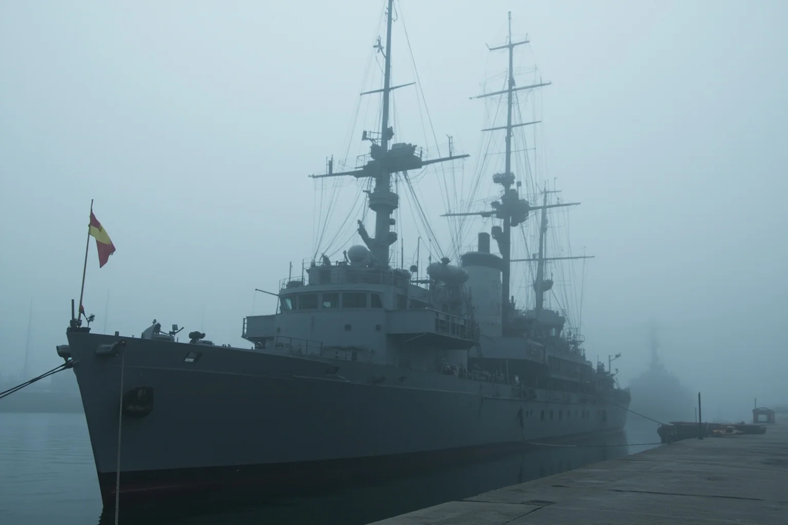 The Longest-Serving Warships of All Time 11 Gray mid-20th-century naval cargo ship with antennas and radar equipment, docked in a foggy harbor, mysterious atmosphere