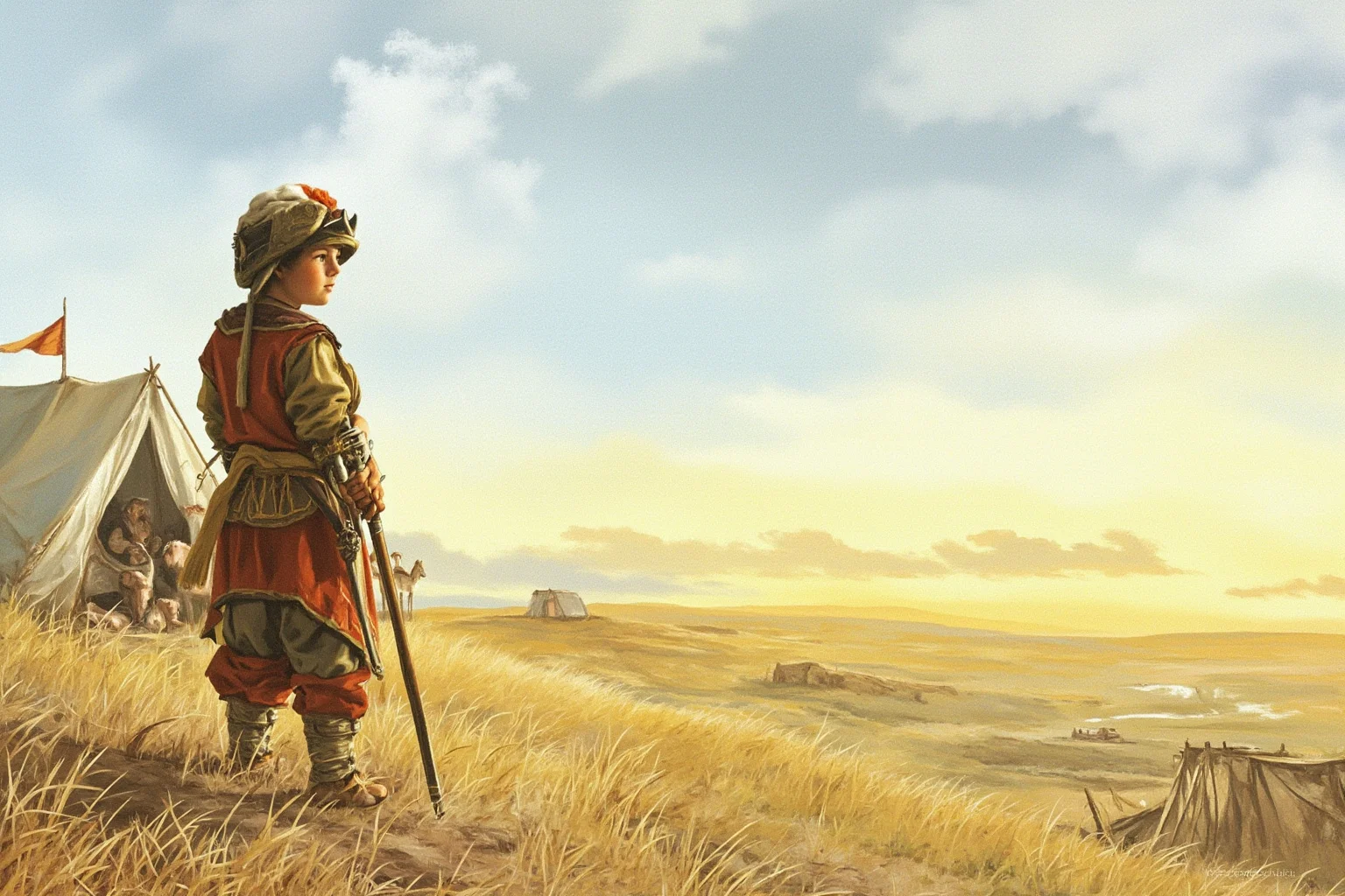 Great Leaders Who Rose From Obscurity 2 A young Mongol boy on the steppe near a modest tent camp, looking toward the horizon, historical illustration style