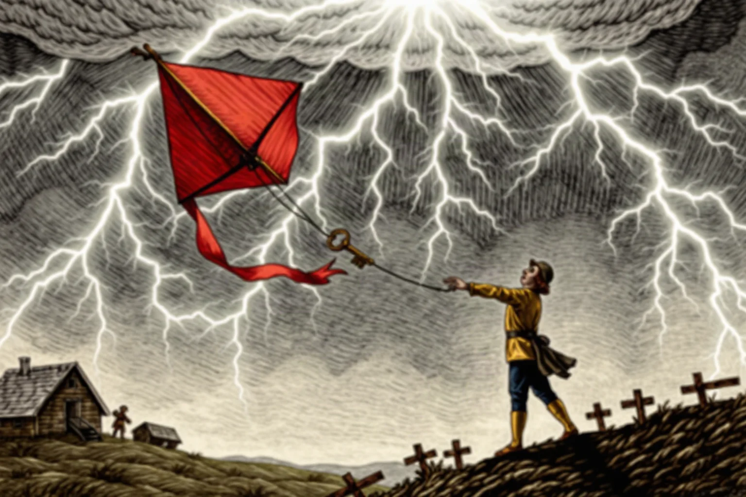 Illustrated 18th-century scene of a man flying a kite with a key attached during a lightning storm, colonial American setting