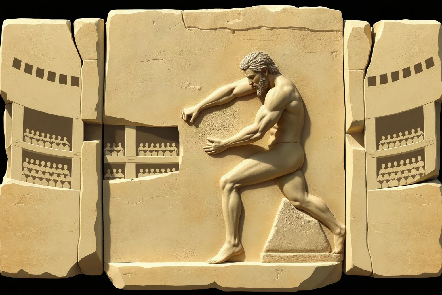 Stylized ancient Greek stone relief of a muscular wrestler in an Olympic arena, illustration style