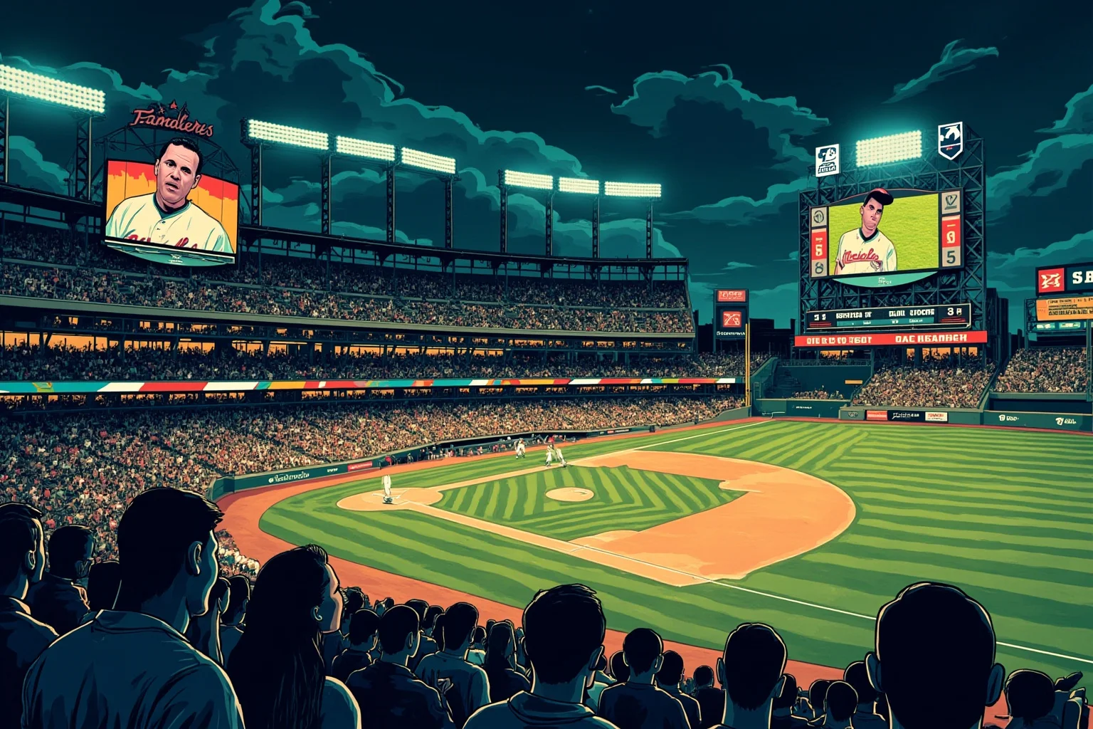 A tense baseball stadium at night with a scoreboard showing a team trailing badly late in a postseason game, crowd on their feet, illustrated retro sports art style