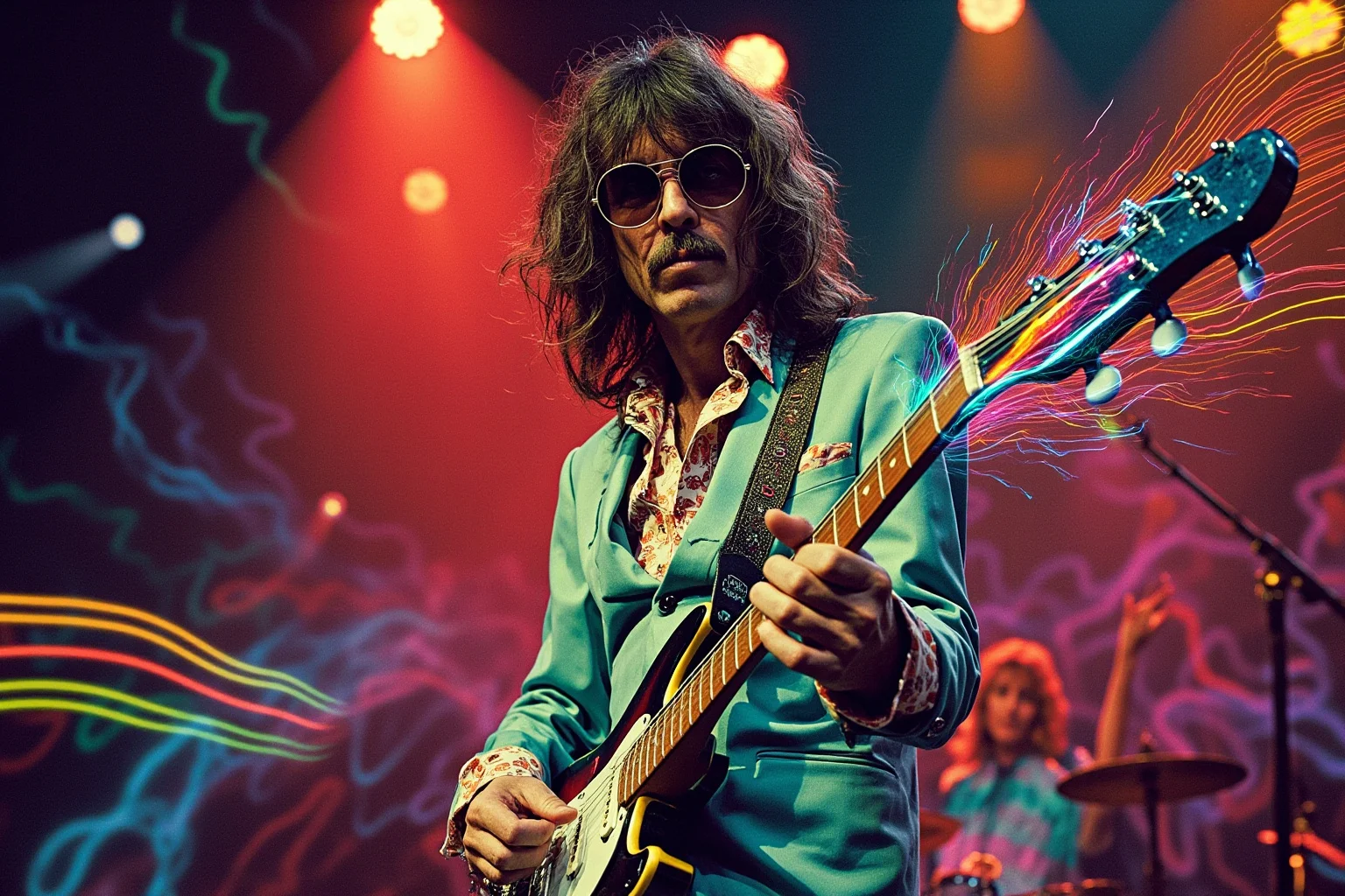 A stylized illustration of a late-1960s psychedelic rock guitarist mid-performance, swirling colorful stage lights, electric guitar with feedback effect visualized as light trails