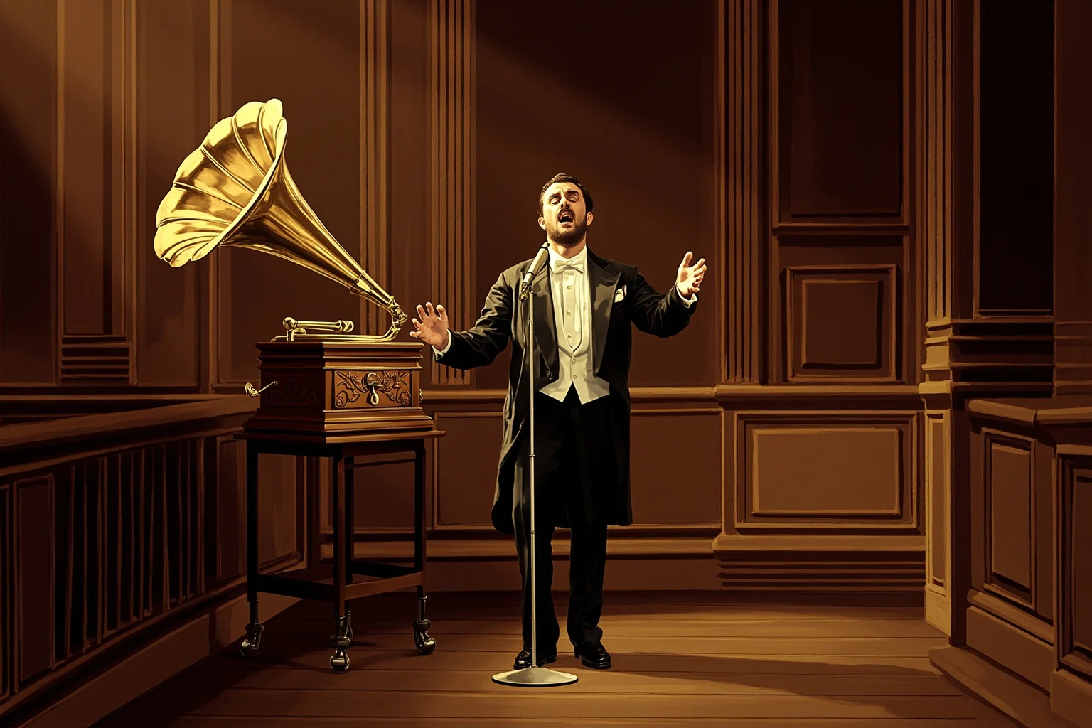 Stylized illustration of an early 1900s Italian opera tenor singing on a grand stage beside a vintage gramophone, warm sepia tones, painterly, not photorealistic