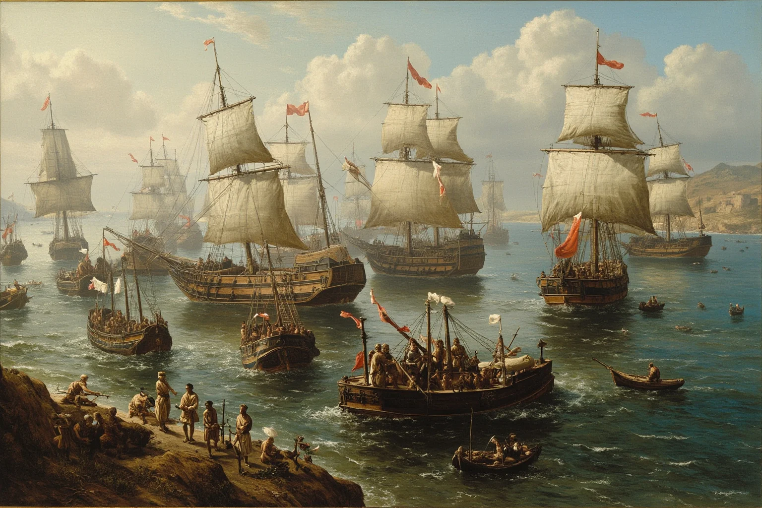 23 Important Ancient Greek Battles In History 7 Greek and Persian naval fleet in chaotic battle near a coastal shoreline with allied ships closing in