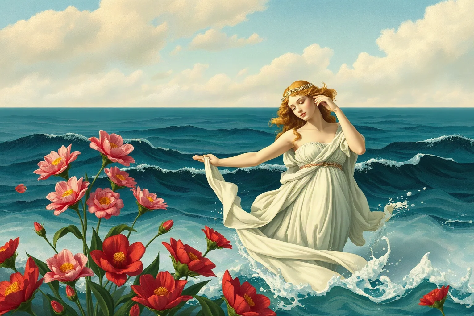 Greek goddess of love and beauty emerging near sea foam and flowers, classical mythological illustration