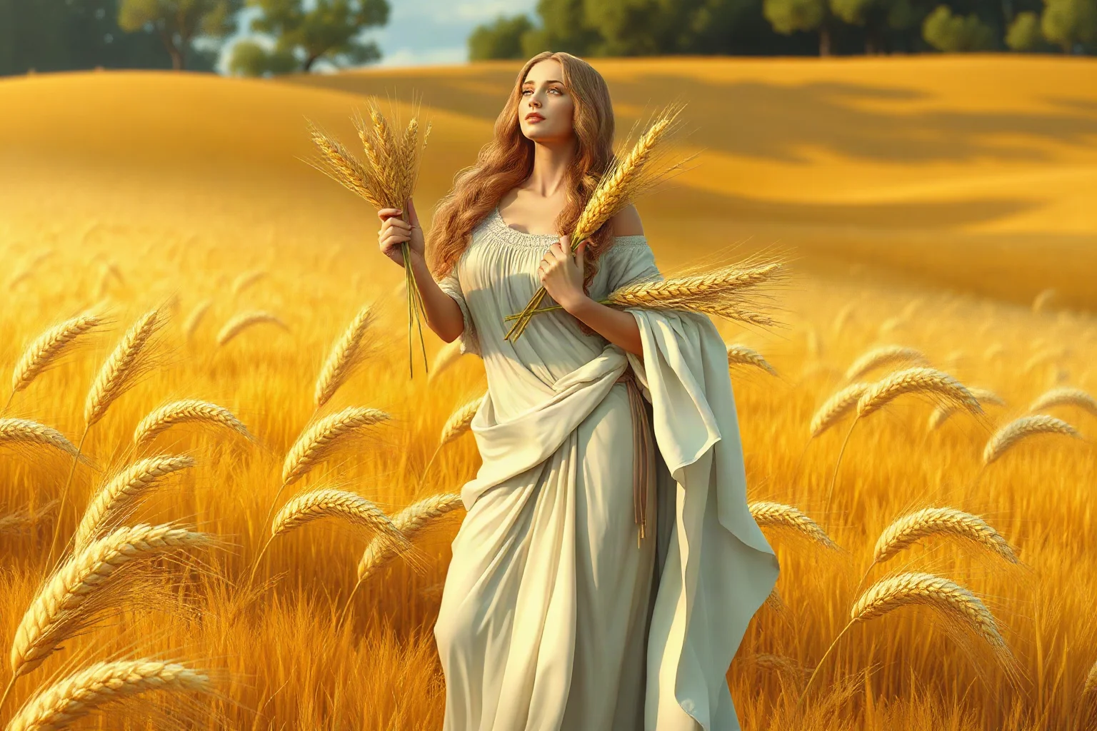 Greek goddess of the harvest standing in a golden wheat field holding sheaves of grain, mythological illustration