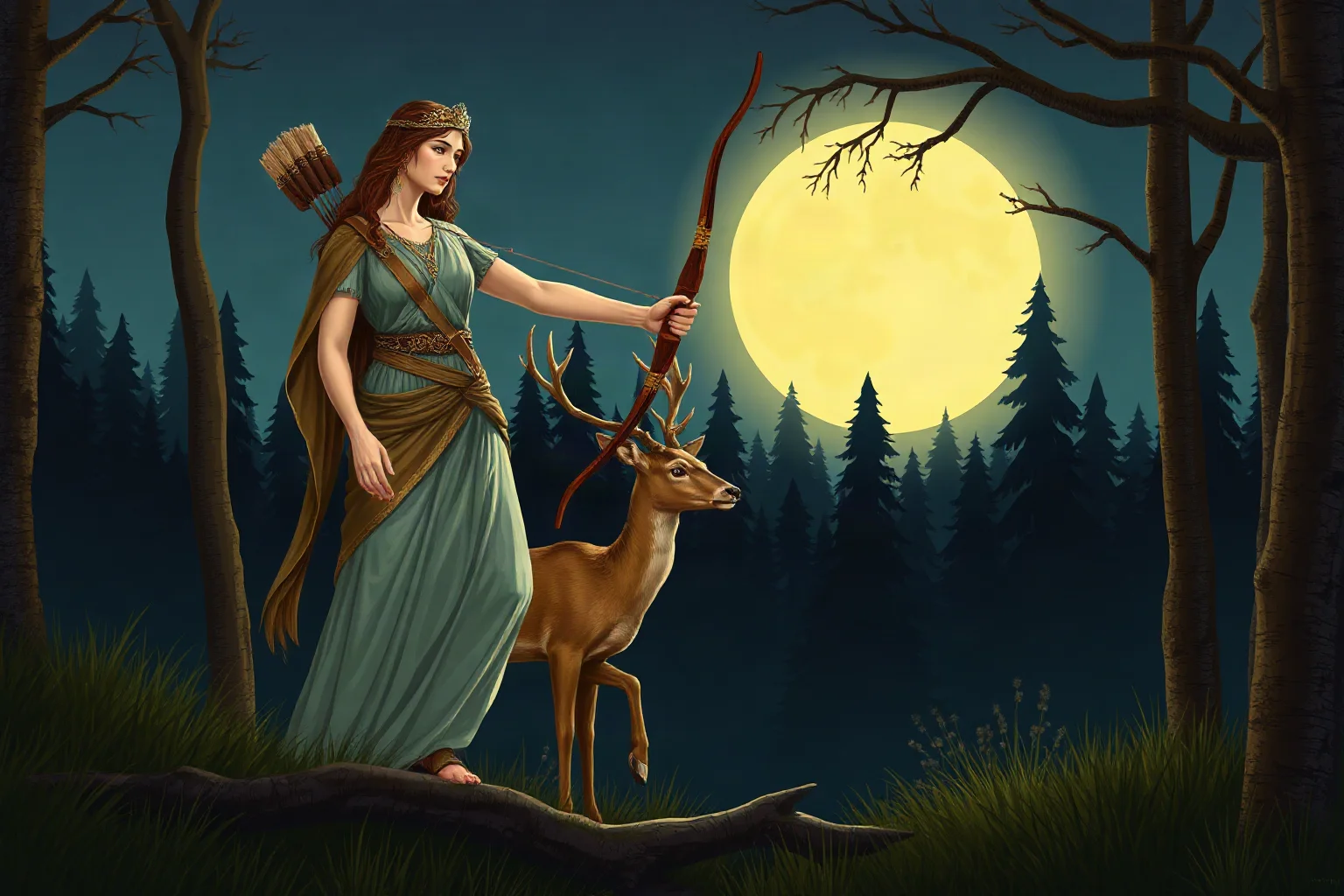Greek goddess of the hunt with a bow, standing beside a deer in a moonlit forest, mythological illustration