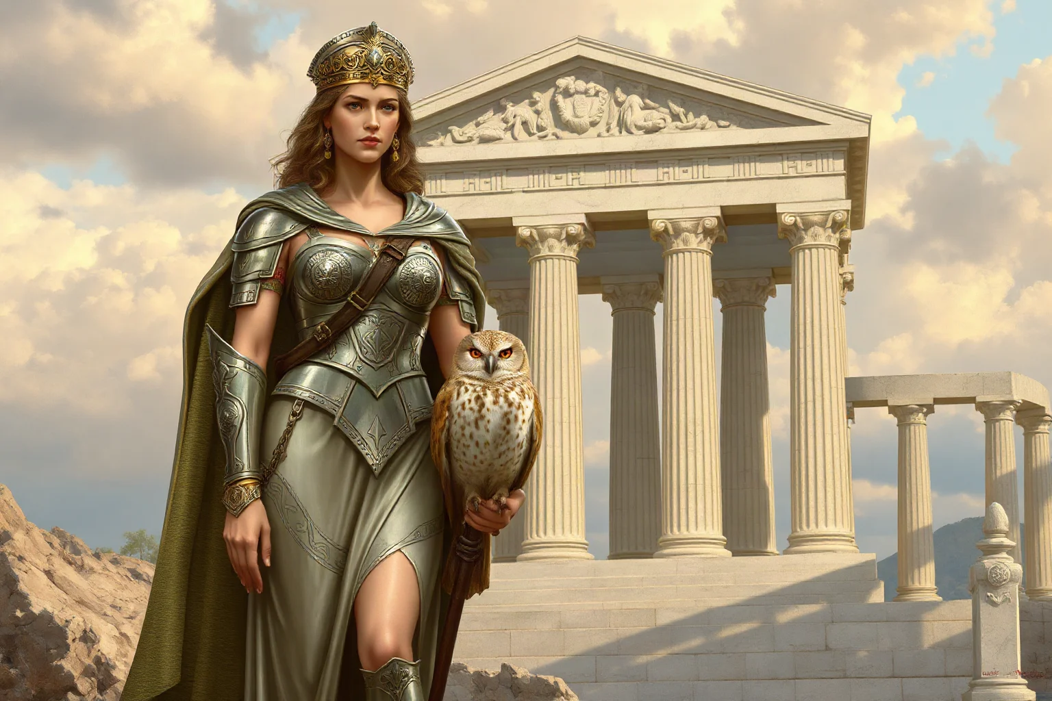 Greek goddess of wisdom in armor with an owl companion, standing before a marble temple, classical mythological illustration