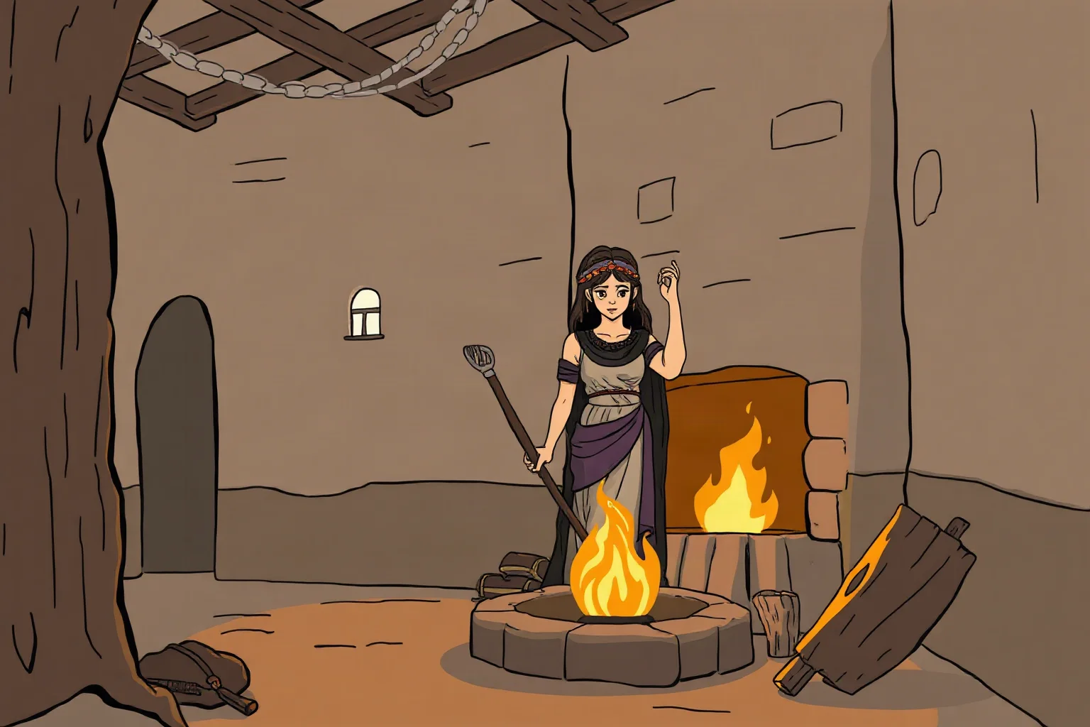 Greek goddess tending a glowing hearth fire inside a simple ancient home, warm mythological illustration