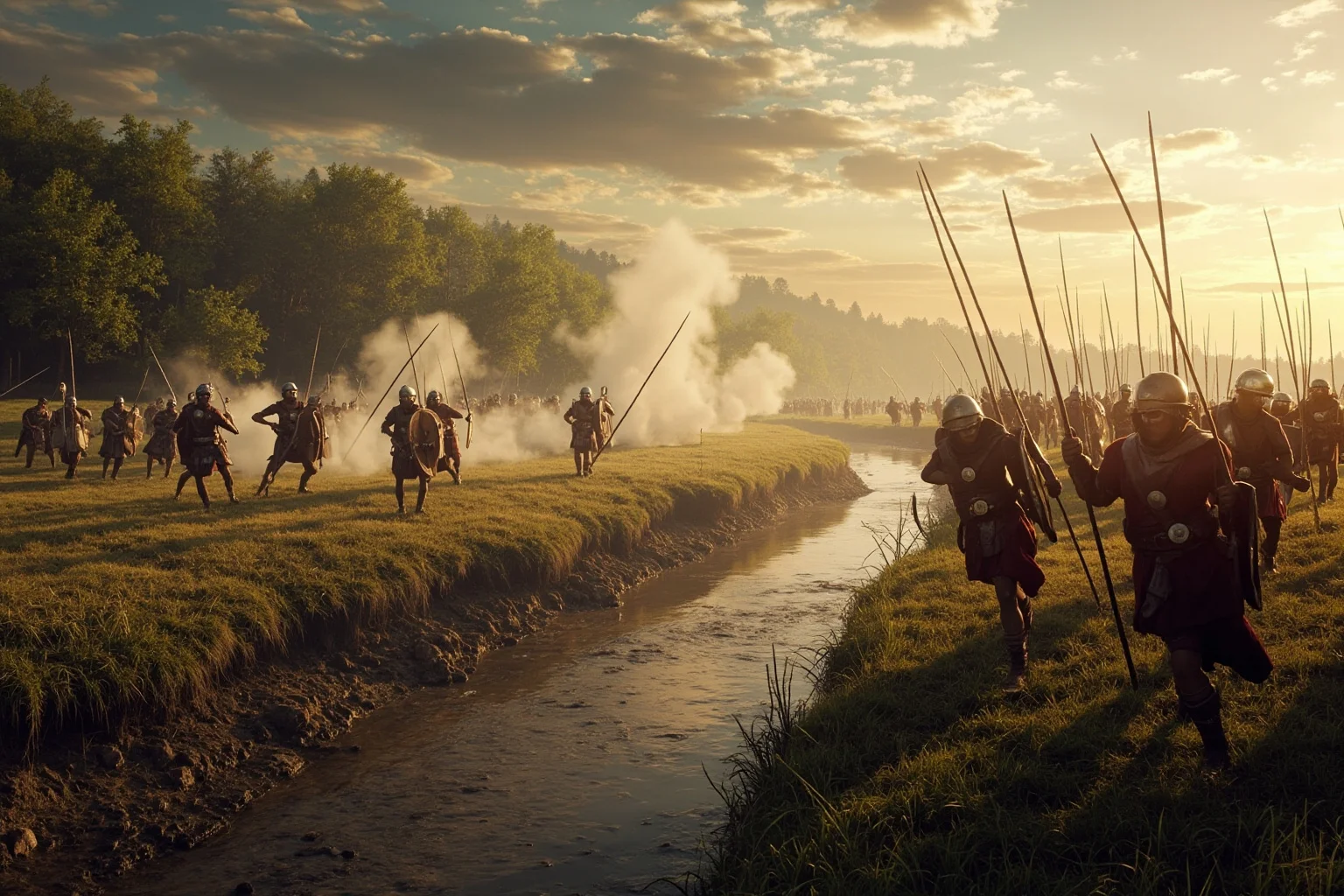 23 Important Ancient Greek Battles In History 11 Greek hoplite armies clashing on a wooded plain near a shallow river, dust and spears in the air
