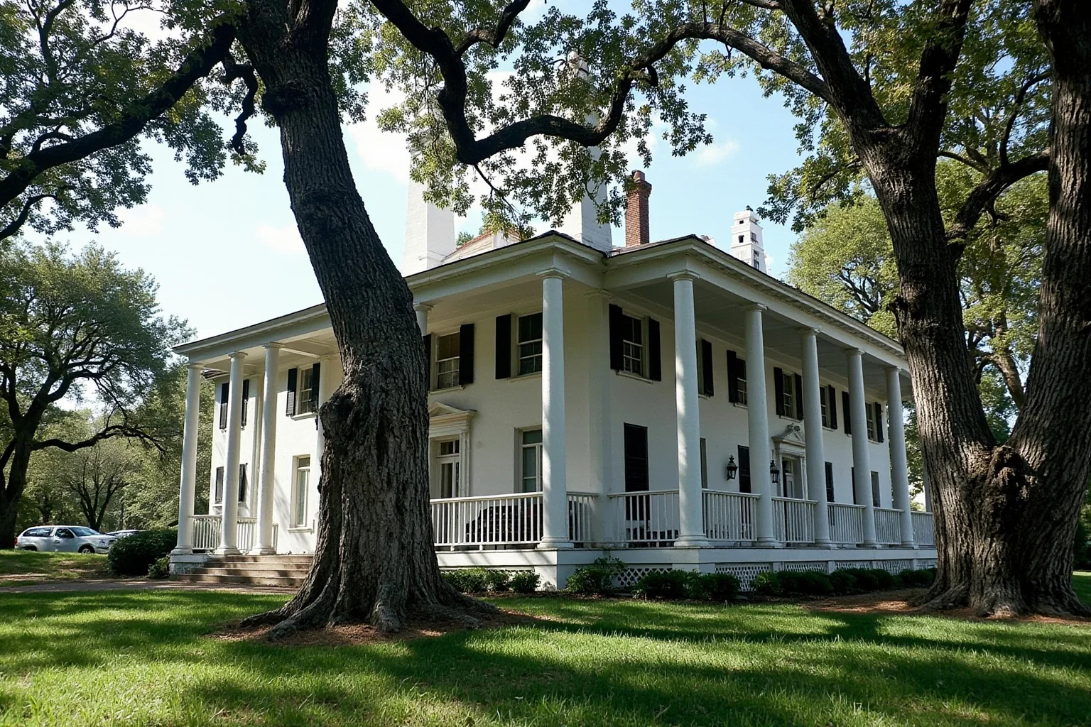 25 Famous American Historical Homes You Can Still Visit Today 6 Greek Revival mansion with tall white columns and a wide front porch surrounded by old oak trees