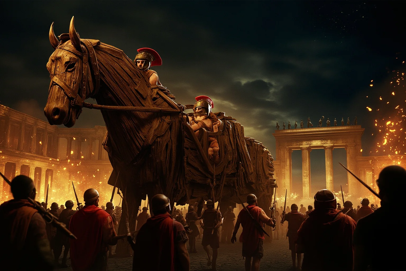Greek soldiers hiding inside a massive wooden horse as Trojan citizens pull it through their city gates at night