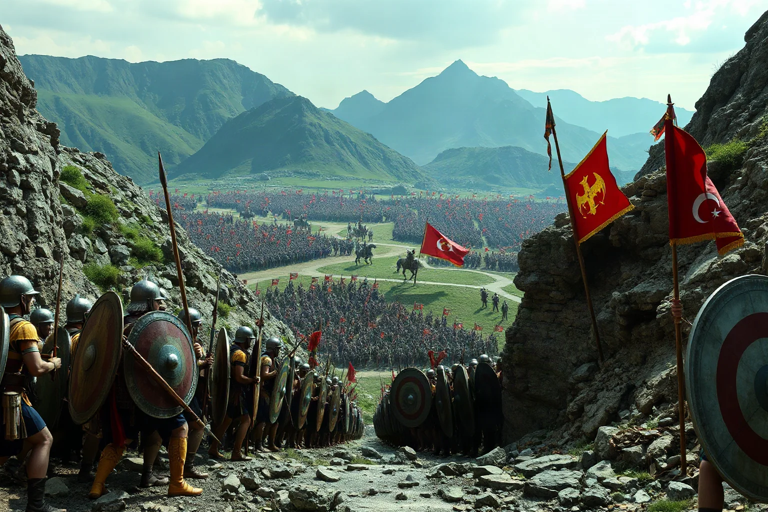 Greek soldiers holding a narrow mountain pass against a vast Persian army, defensive formations on rocky terrain with mountains in background
