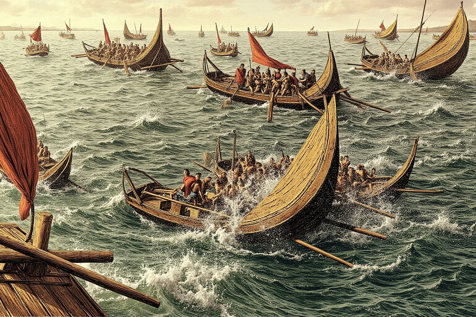 23 Important Ancient Greek Battles In History 5 Greek triremes in tight naval combat within a narrow strait, oars churning the water, ancient warfare illustration