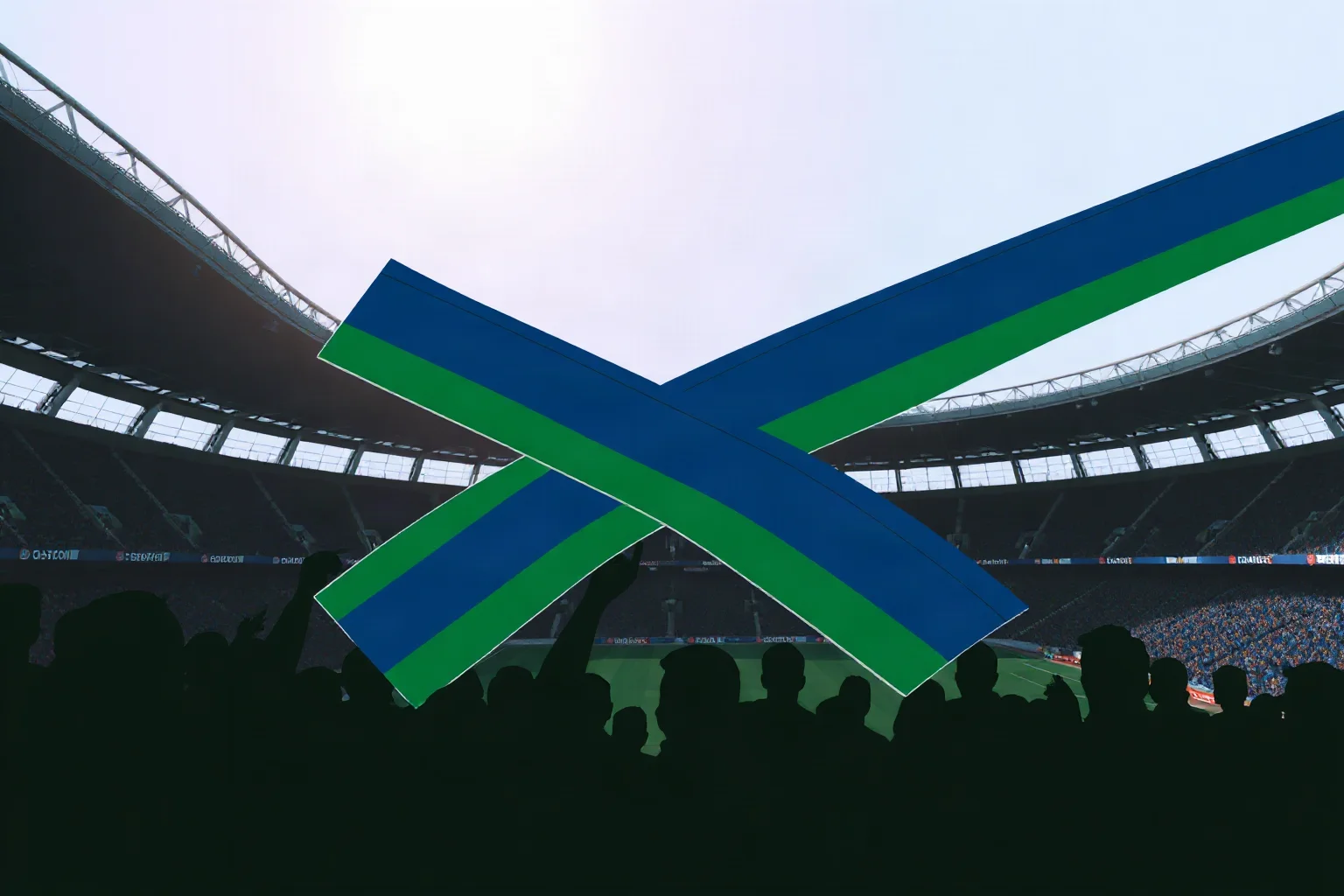 Green and blue soccer scarves crossed together above a packed stadium crowd silhouette, illustrative