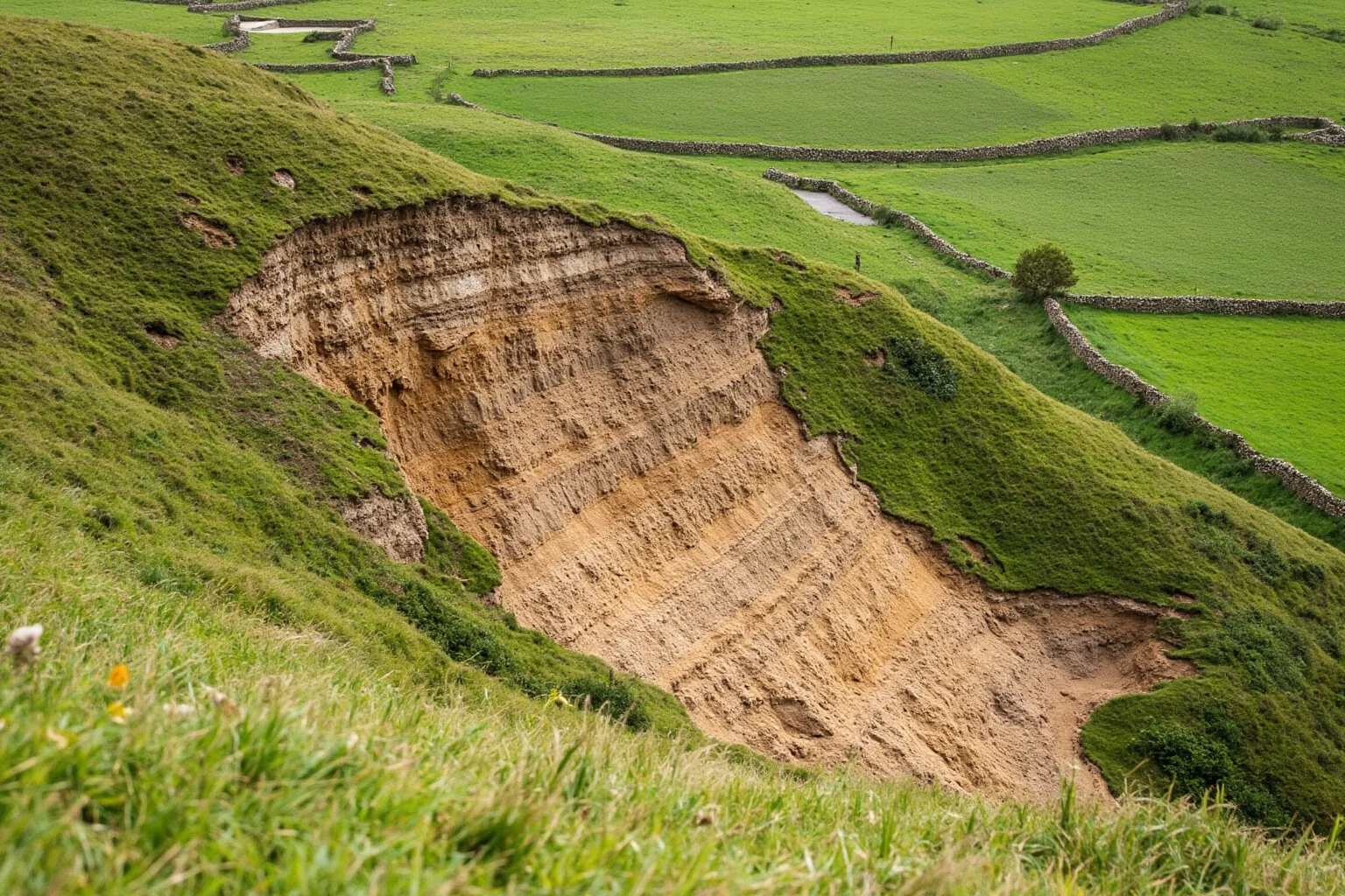 Green English countryside with a soft clay hillside eroding to reveal rocky sediment layers