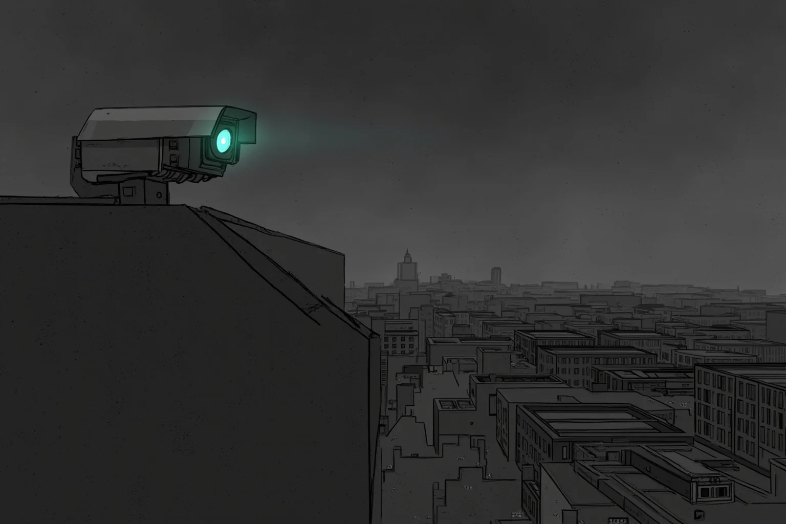 Grey dystopian cityscape illustration with a single glowing surveillance camera on a wall