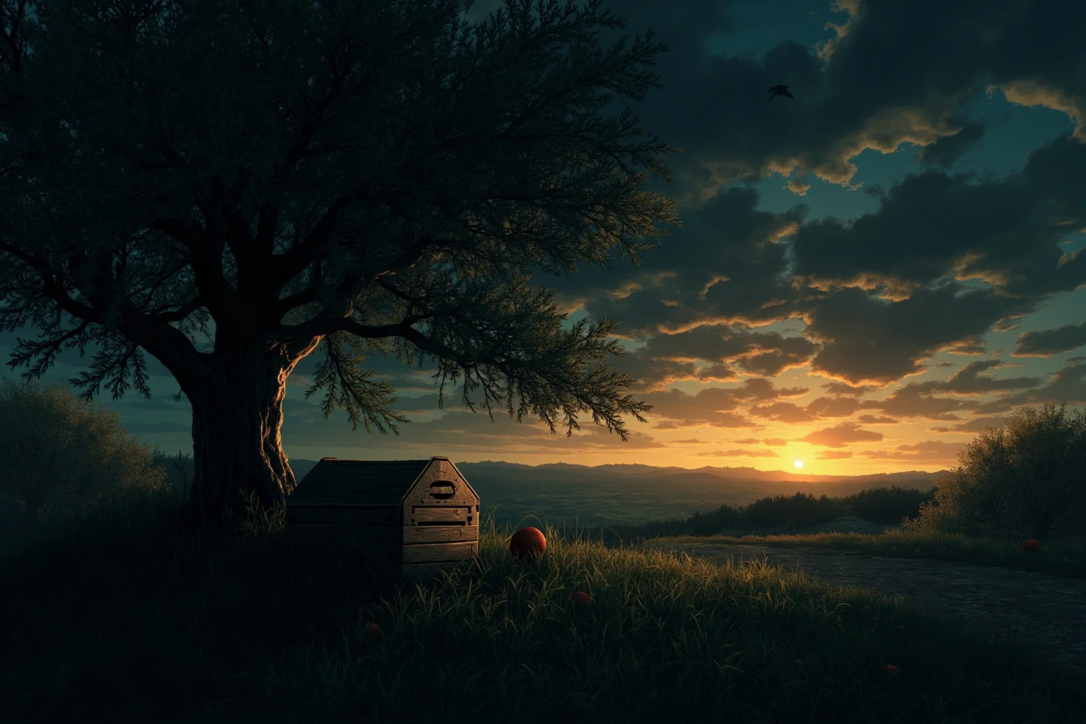 Grim Childhoods Indeed: The 20 Darkest Brothers Grimm Fairy Tales 2 A dark storybook illustration of a juniper tree at twilight with a small bird perched on a branch and an old apple chest in the foreground
