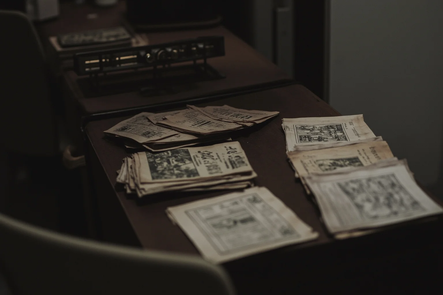 22 Creepiest People in History (And the Truth Behind Their Legends) 18 Grim concentration camp administrative office desk with old files, somber historical illustration