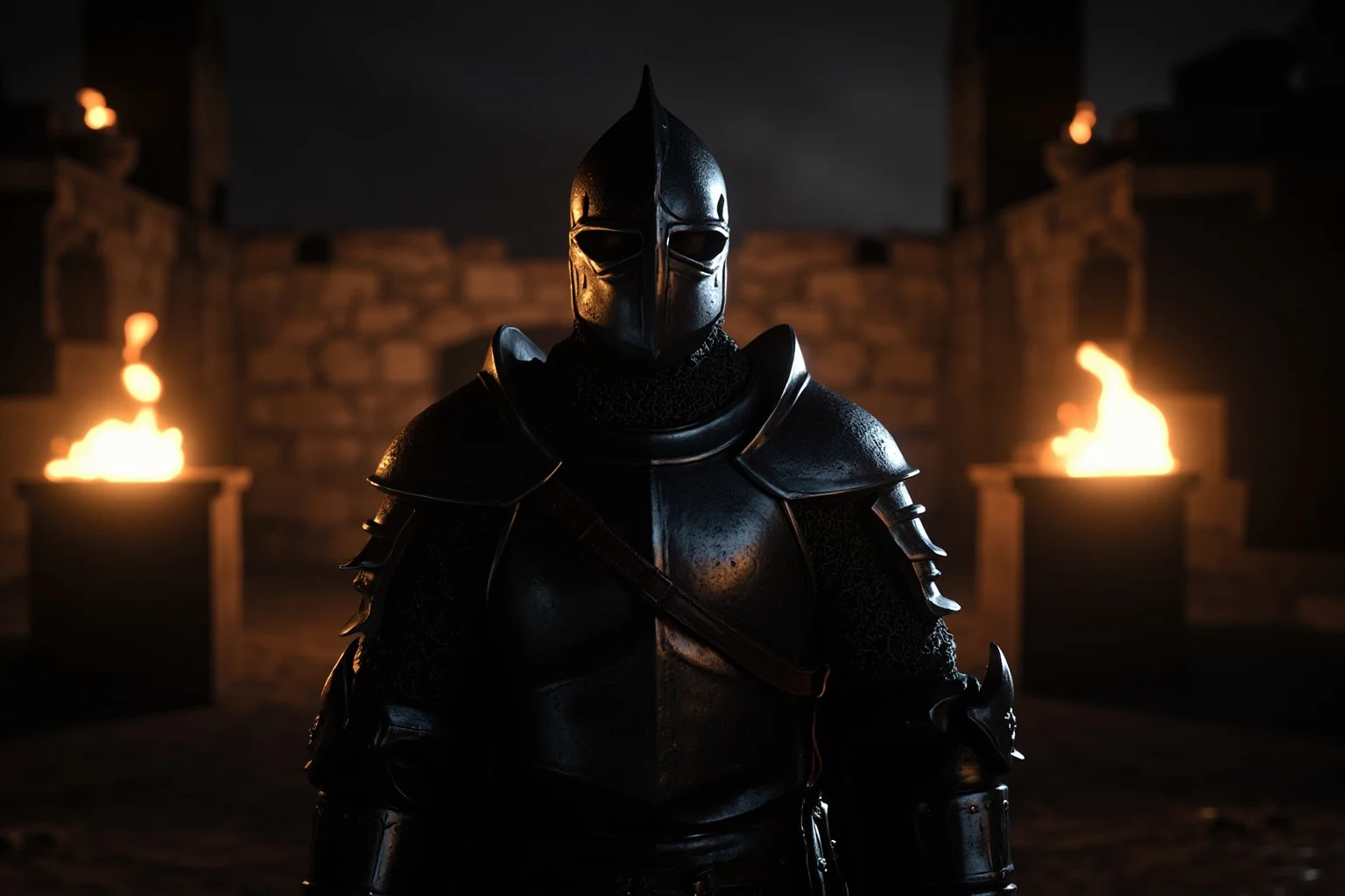 22 Most Notorious Knights From History: Heroes, Villains, and Legends 19 Grim Eastern European knight in dark armor standing before torch-lit fortress walls at night