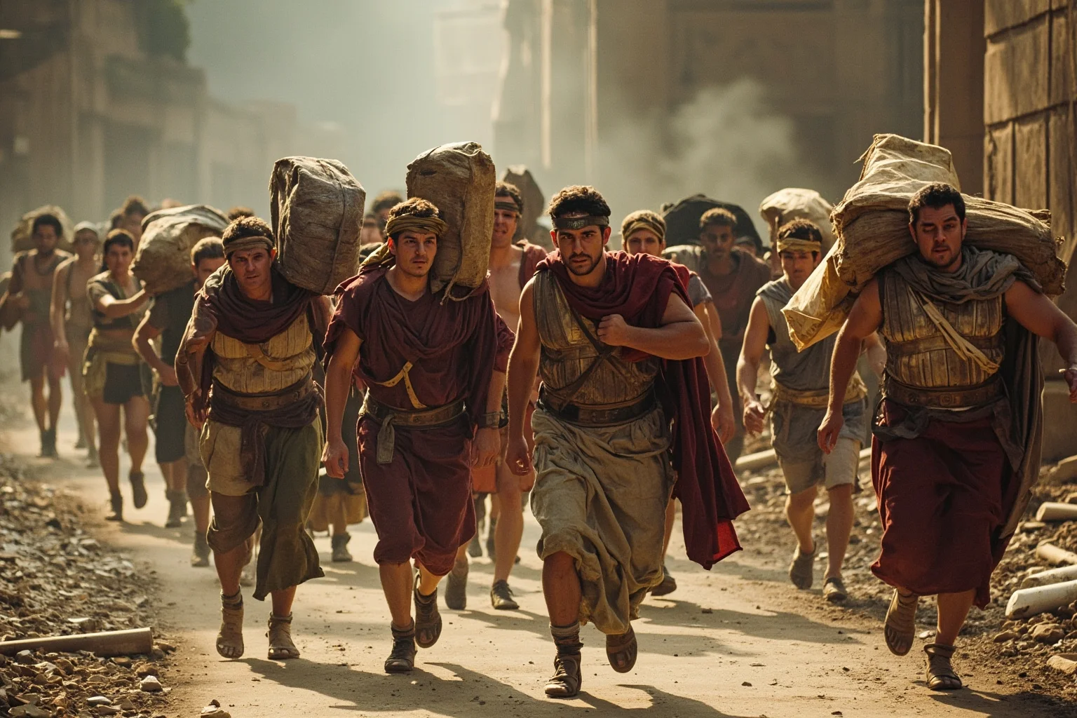 Group of ancient Roman figures fleeing on a road with bundles of belongings as ash falls behind them
