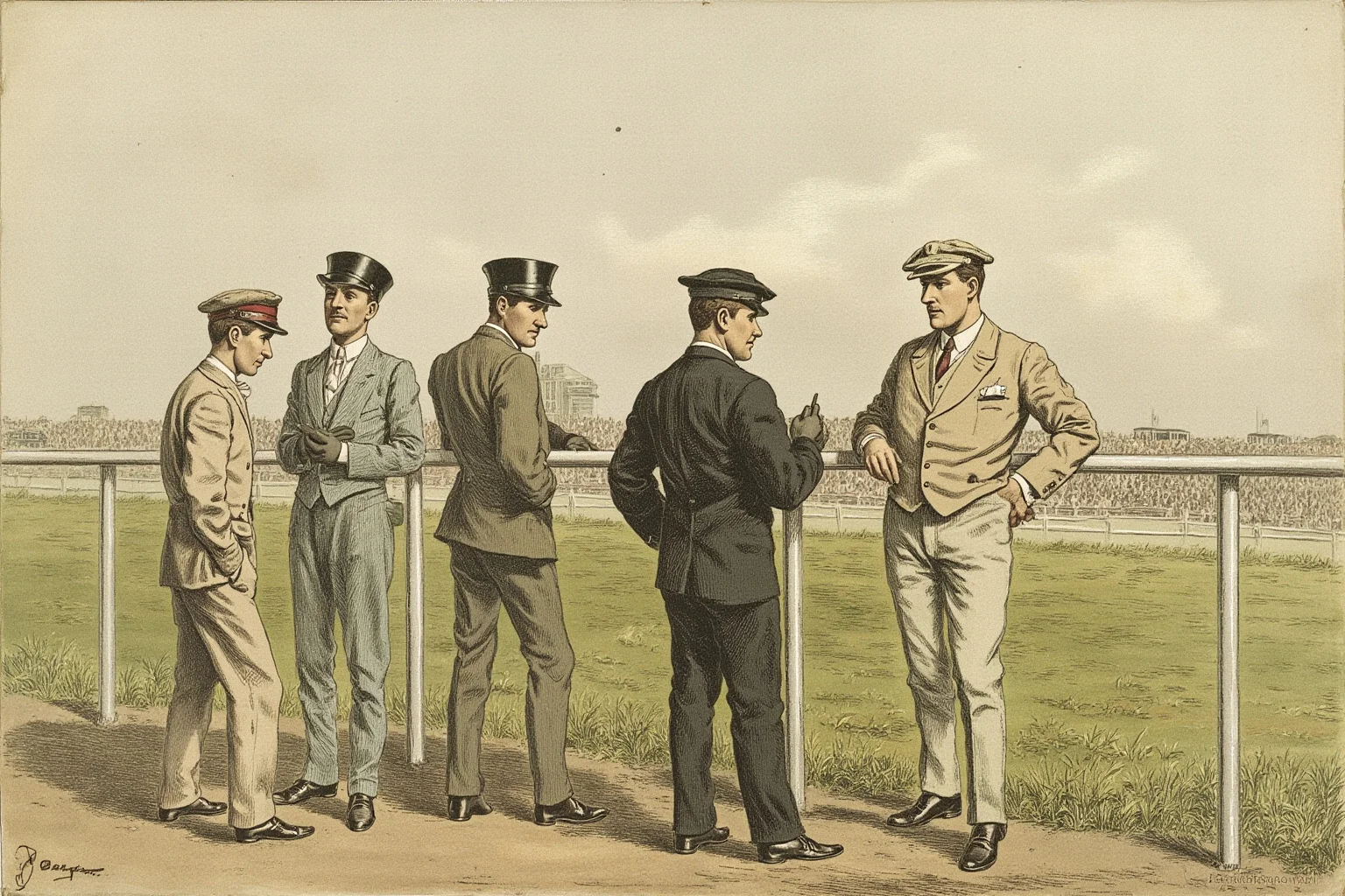 How an All-Female Gang Changed the Face of Crime in 19th Century London 14 Group of Edwardian-era men in flat caps standing near a racecourse fence, illustration style