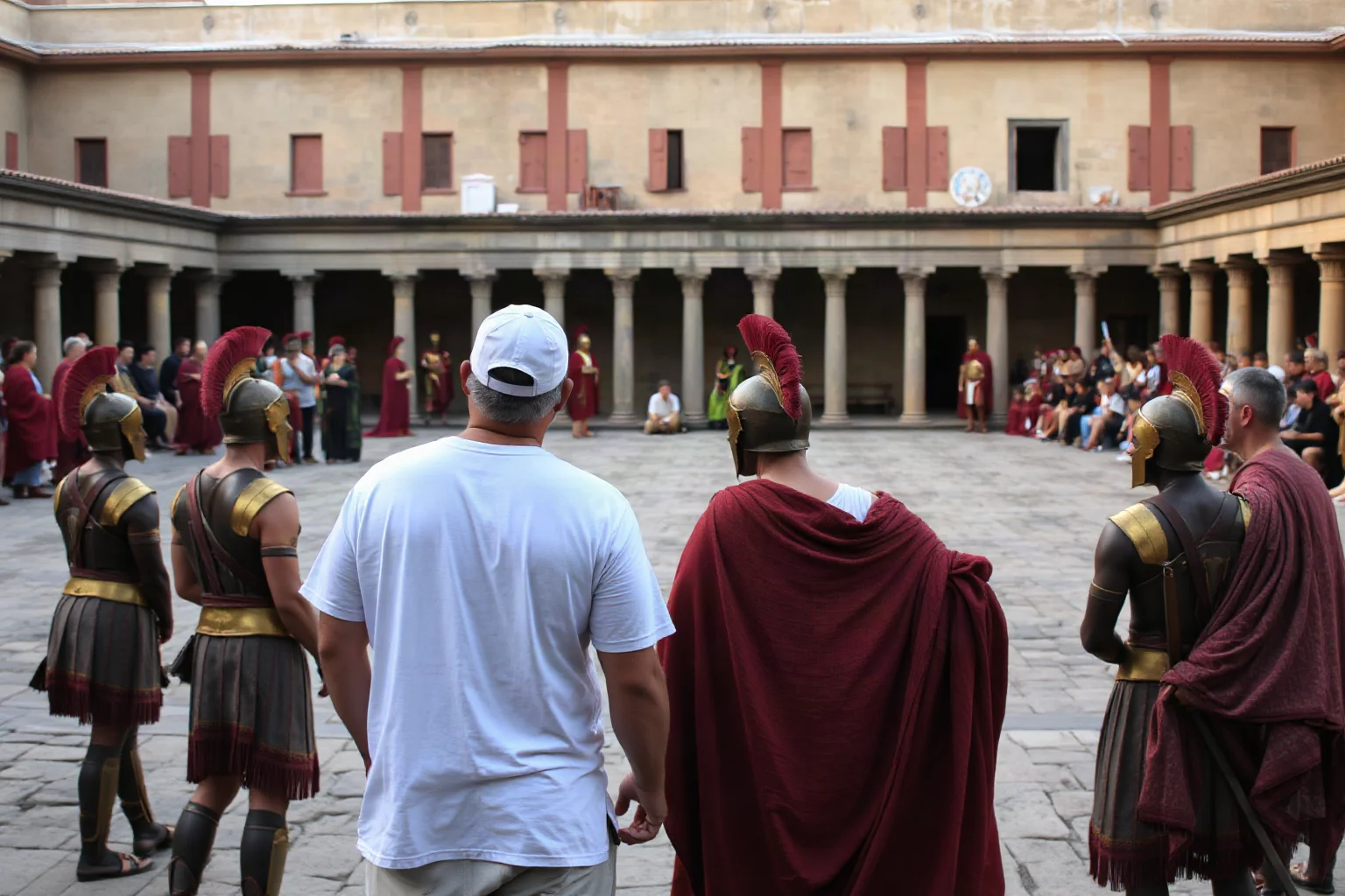 Group of Spartan citizens standing as equals in a plain assembly courtyard