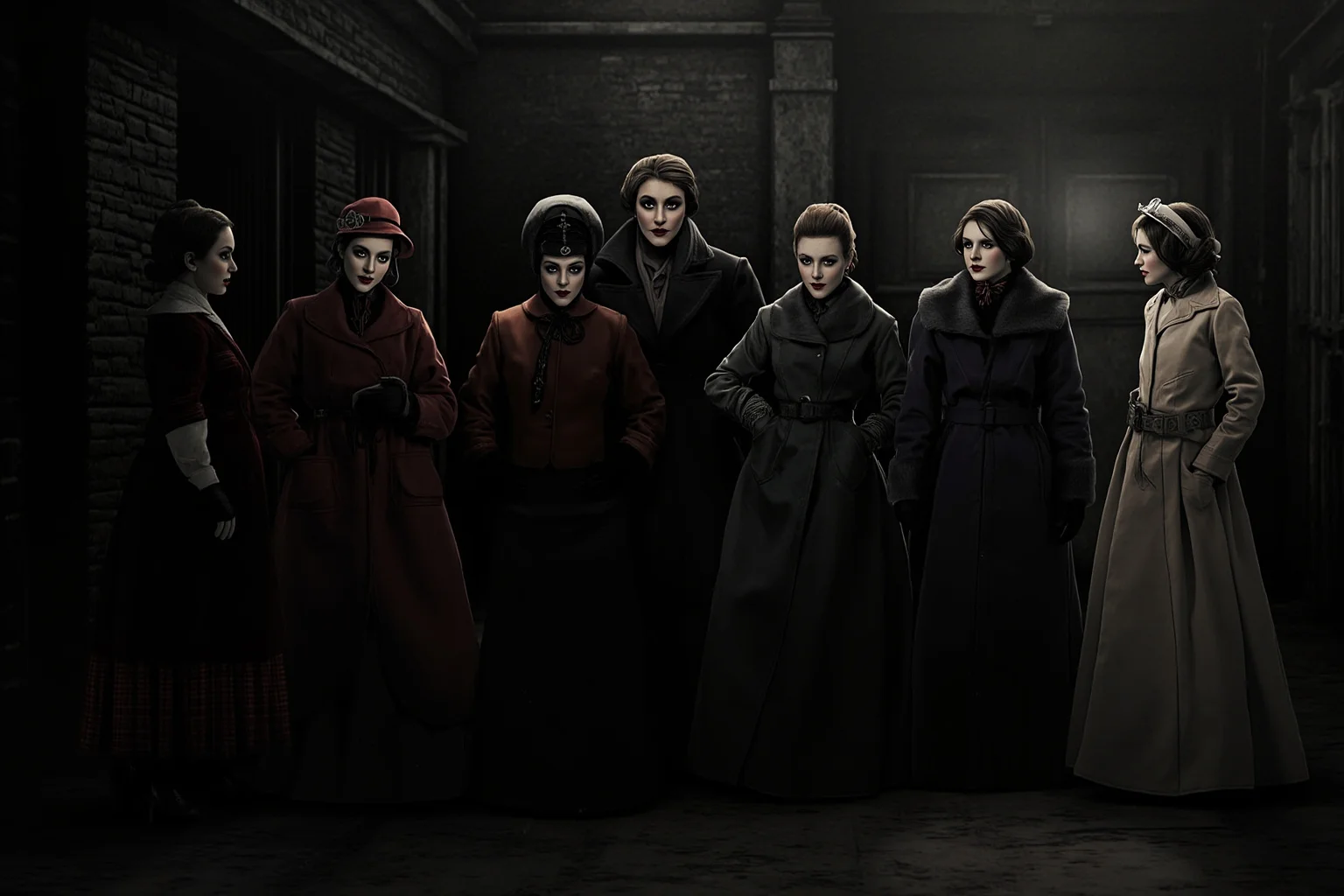 How an All-Female Gang Changed the Face of Crime in 19th Century London 4 Group of Victorian-era women in long coats standing together in a shadowy London alley, illustration style
