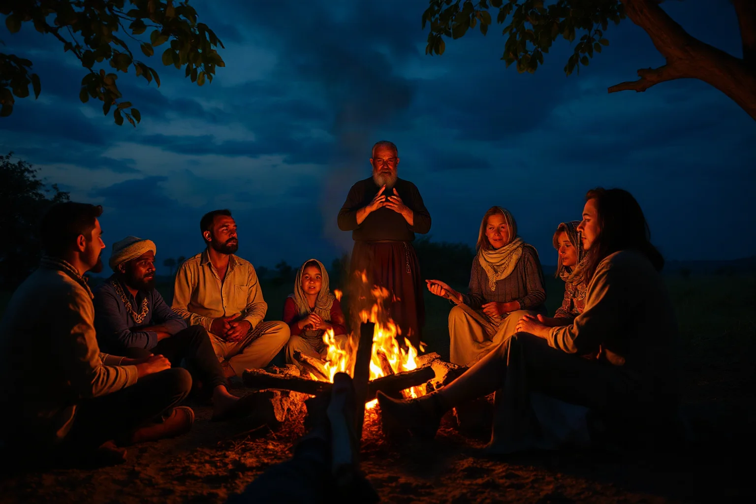 Group of villagers around a campfire at night, storyteller gesturing dramatically, folklore exaggeration theme
