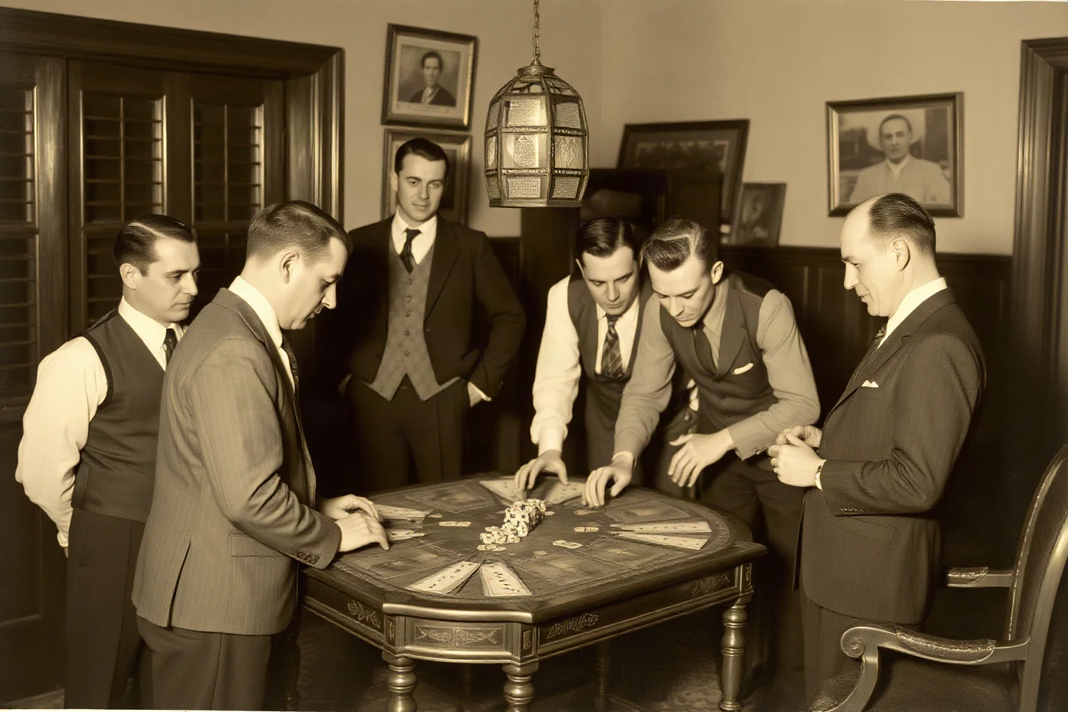 Group of well-dressed men huddled around a rigged card table in an early 20th-century back room